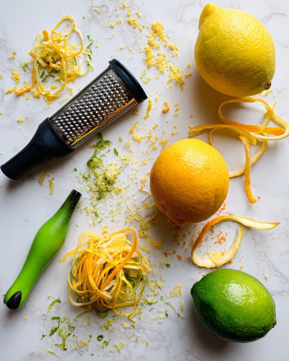 The image shows a white marbled surface with three citrus fruits: a yellow lemon at the top right with strips of its rind peeled off, an orange below it with some orange zest scattered nearby, and a green lime at the bottom right with peeled lime rind next to it. There are three kitchen tools on the left side: a green peeler at the bottom left, a black-handled Microplane grater above it, and a black-handled zester with metal head at the top left. Small piles of citrus zest and peel are scattered around each fruit, showing texture and color contrast. Photo taken with an iphone --ar 4:5 --v 7