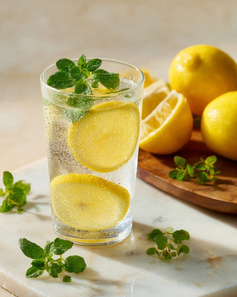 A clear glass filled with a cold drink holds two round lemon slices inside, showing the bright yellow rind and pale juicy flesh, topped with a small sprig of fresh green mint leaves. The glass has condensation droplets on the outside, giving a fresh feel. Behind the glass, there is a white marbled surface with a wooden board holding whole lemons, two lemon halves, and a few scattered small green mint leaves. The background is soft and light-toned, adding a warm and clean look to the scene. photo taken with an iphone --ar 4:5 --v 7
