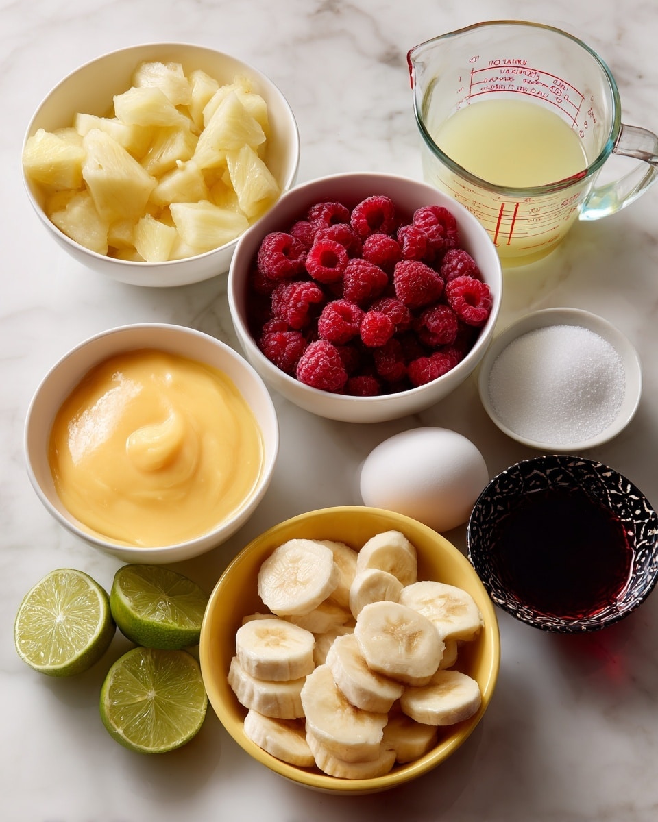 This image shows an arrangement of various ingredients on a white marbled surface, including a white bowl of pale yellow pineapple chunks on the left, a white bowl of bright red frozen raspberries in the center, and a clear glass measuring cup filled with a light yellow liquid on the right. In front of the pineapple bowl is a small white bowl with a smooth, bright orange puree. Below the puree bowl, there is a yellow bowl filled with sliced bananas showing their light cream color with brown spots. Lime halves sit directly on the surface in front of the bowls, with whole and sliced limes visible. A small red bowl filled with white sugar is near the limes on the left, and a decorative black bowl with dark reddish liquid is on the lower right. Two whole white eggs rest near the measuring cup. The whole scene is neat and colorful with fresh and frozen fruit elements. photo taken with an iphone --ar 4:5 --v 7