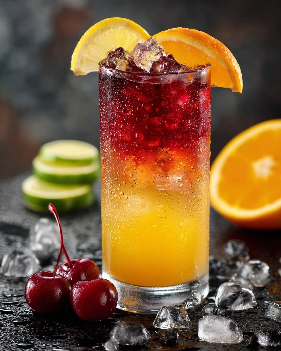 A tall clear glass holds a drink with two visible layers: a deep red layer at the bottom and a bright orange-yellow layer on top that blends softly into the red below. The glass is filled with ice cubes, covered in condensation droplets. The top of the glass is decorated with a lemon wedge on the left side and an orange wedge on the right side. In front of the glass, there are two shiny red cherries resting on a black textured surface scattered with melting ice cubes. To the left, there is a lime sliced in a spiral shape, and to the right, a halved orange with a small slice leaning against it. The background is dark and blurred, making the colorful drink stand out. Photo taken with an iphone --ar 4:5 --v 7