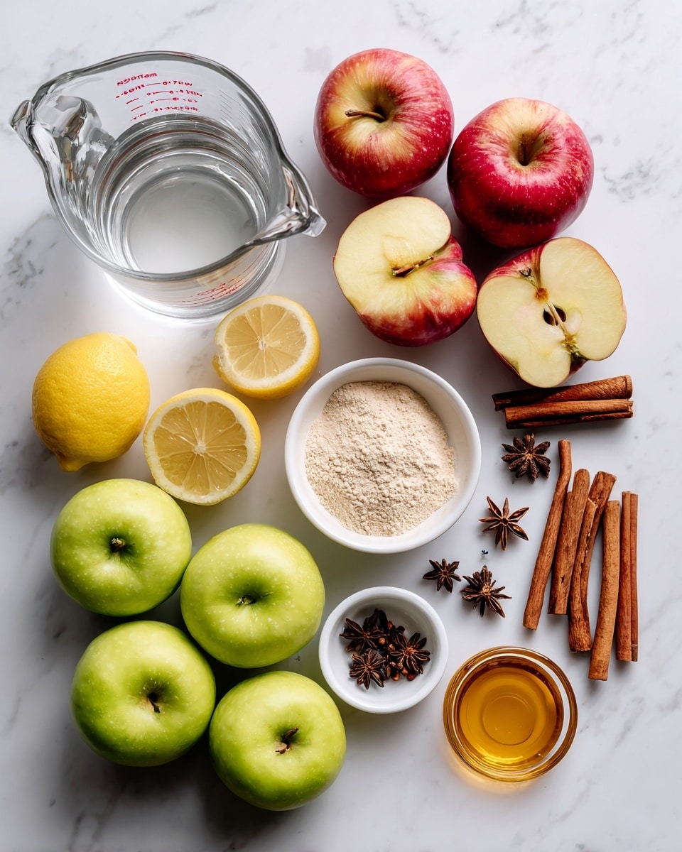 The image shows ingredients for a recipe placed on a white marbled surface. There is a clear glass measuring cup filled with water at the top left. To the right, there are four whole red apples with two apple halves showing the inside. Below the measuring cup, there are two whole lemons, one sliced in half showing the juicy inside. Next to the lemons, there is a small white bowl with light beige powder. To the right of this bowl, three cinnamon sticks lay parallel, followed by a small white bowl filled with cloves. Star anise pods are placed just right of the cloves. On the bottom left, there are six green apples with three cut in half exposing their pale core. To the right of the apples, a small glass bowl contains honey, shining with a golden color. photo taken with an iphone --ar 4:5 --v 7