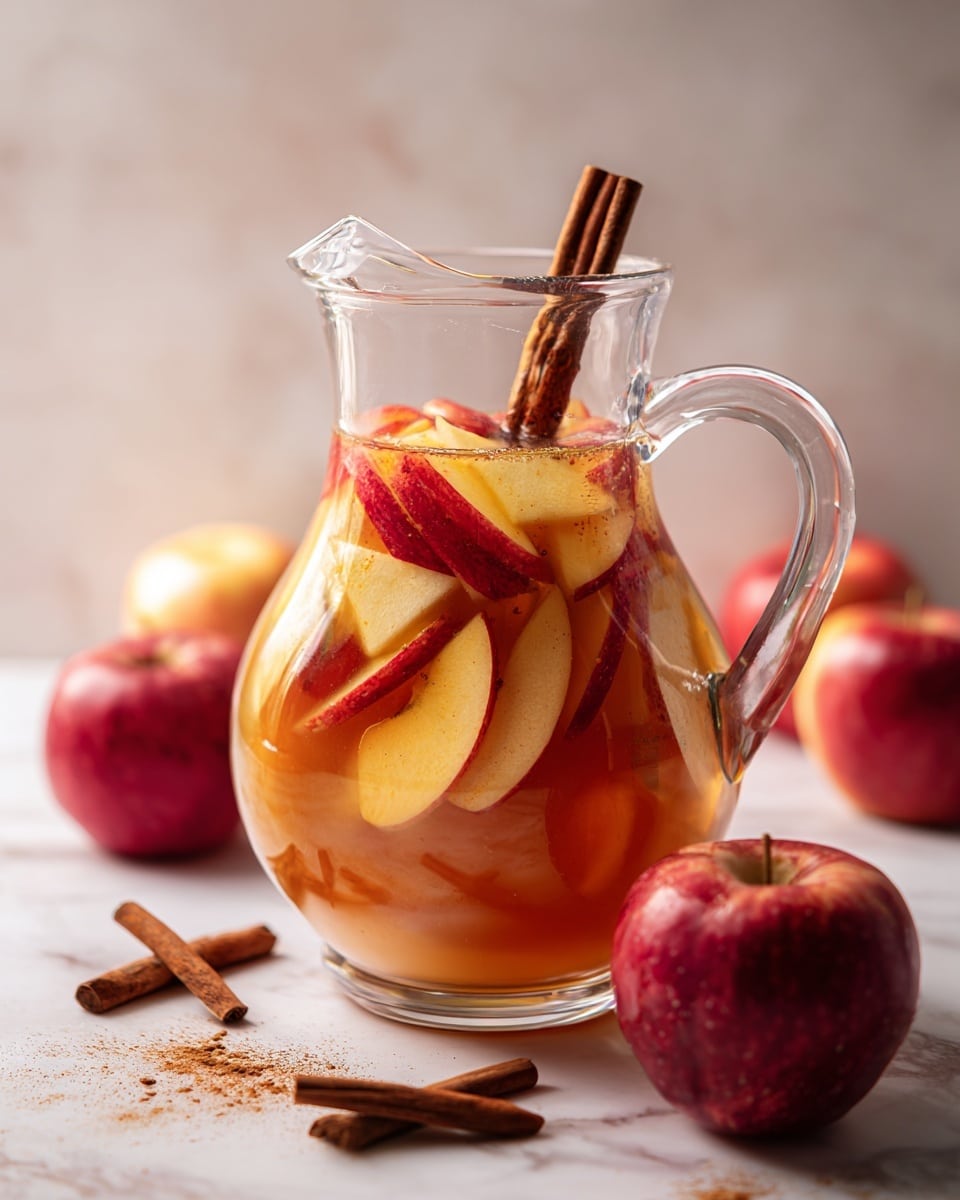 A clear glass pitcher filled with light brown apple cider, showing floating slices of fresh apple with red skin and a large cinnamon stick inside. The pitcher is placed on a white marbled surface next to whole red apples and scattered cinnamon sticks. Soft light from a window highlights the warm colors of the drink and the natural textures of the fruit and spices, giving a cozy and fresh feeling. Photo taken with an iphone --ar 4:5 --v 7