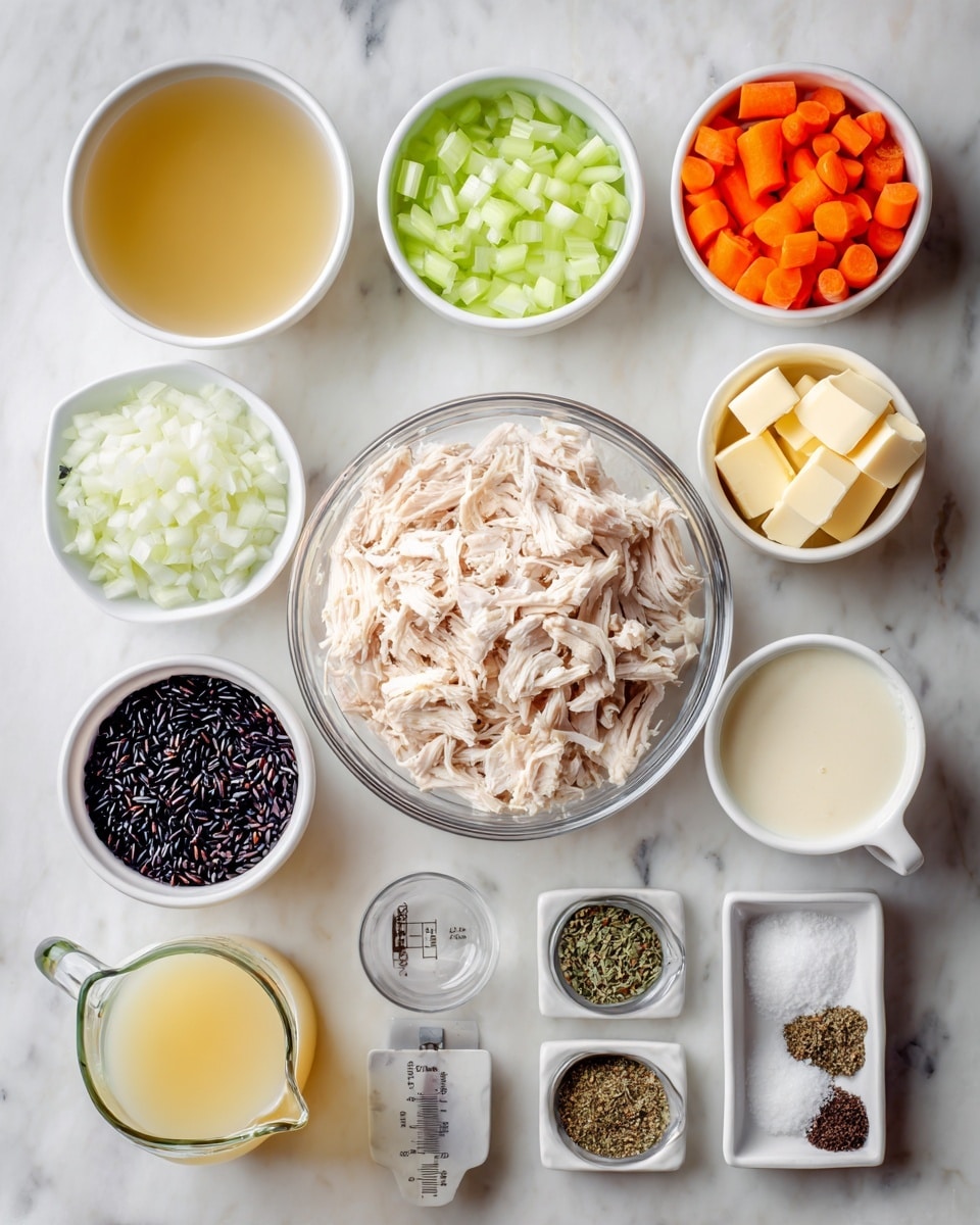 A flat lay image of multiple white bowls and containers arranged neatly on a white marbled surface, each holding different ingredients. In the center is a large clear glass bowl filled with shredded light pink cooked chicken. To the top right, a white bowl holds small bright orange carrot pieces, and beside it to the left, another white bowl contains chopped pale green celery. Next to the celery, a white bowl is filled with diced white onions. To the bottom left of the chicken bowl, there is a white bowl with dark black rice grains, and above it, a small white bowl with several pale yellow cubes of butter. At the bottom, there are clear measuring jugs: one with a light yellow broth and the other with white cream. Additionally, small metal and white containers hold minced garlic, white flour, and various dark dried herbs and spices, arranged symmetrically around the main bowls. Photo taken with an iphone --ar 4:5 --v 7
