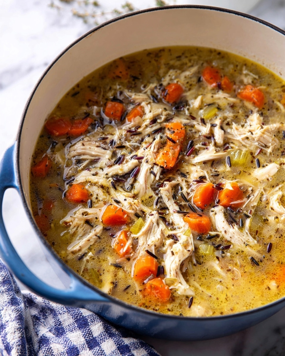 A close-up view of a stew in a white pot with a blue handle, filled with shredded white chicken meat layered evenly with orange carrot cubes, small green celery pieces, and dark purple wild rice grains. The broth is golden and clear with visible herbs and spices dispersed throughout. The stew looks warm and inviting with a mix of smooth and chunky textures. The pot sits on a white marbled surface with a blue and white checkered cloth partly visible. photo taken with an iphone --ar 4:5 --v 7