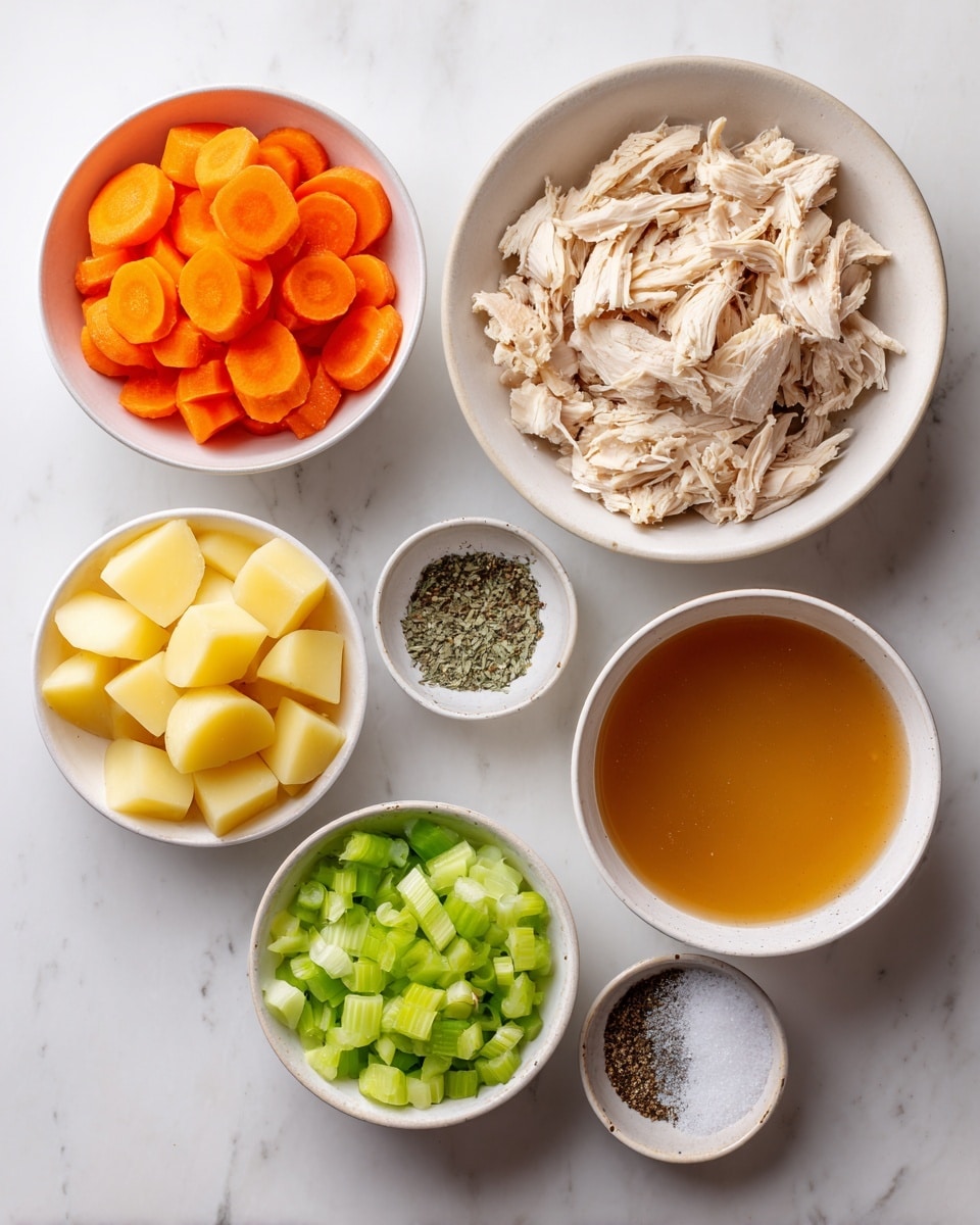 Six white bowls of different sizes are placed on a white marbled surface, each bowl containing an ingredient. From the top left, the first bowl is full of bright orange carrot slices. To its right, a medium bowl holds shredded cooked chicken with a light beige color and fibrous texture. On the far right, a large bowl contains clear brown broth with a smooth surface. Below the chicken, a small bowl has chopped green celery pieces. To the left of the celery, another bowl contains diced yellow potatoes with smooth edges. At the bottom right, two very small bowls hold white salt crystals and black pepper powder, respectively. The overall colors are warm and natural, highlighting fresh ingredients. Photo taken with an iphone --ar 4:5 --v 7
