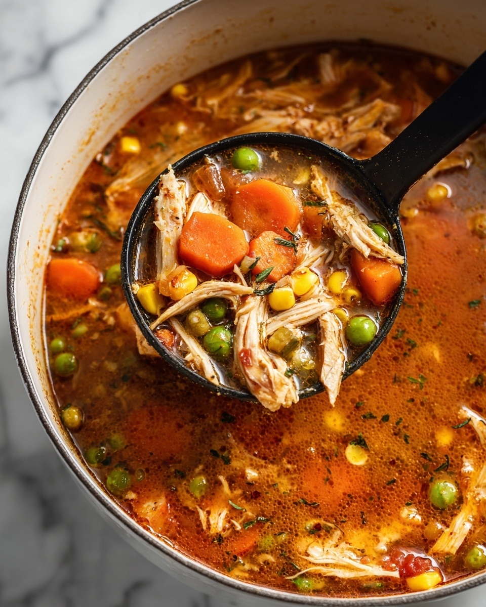 The image shows a close-up of a white pot filled with a chunky soup. A black ladle is scooping from the pot, showing the soup's contents which include shredded light brown chicken pieces, bright orange carrot slices, green peas, and small yellow corn kernels in a thick broth with a reddish-orange color. The soup looks warm and hearty, with visible herbs and small bits of tomato adding texture. The background is a white marbled surface. Photo taken with an iphone --ar 4:5 --v 7