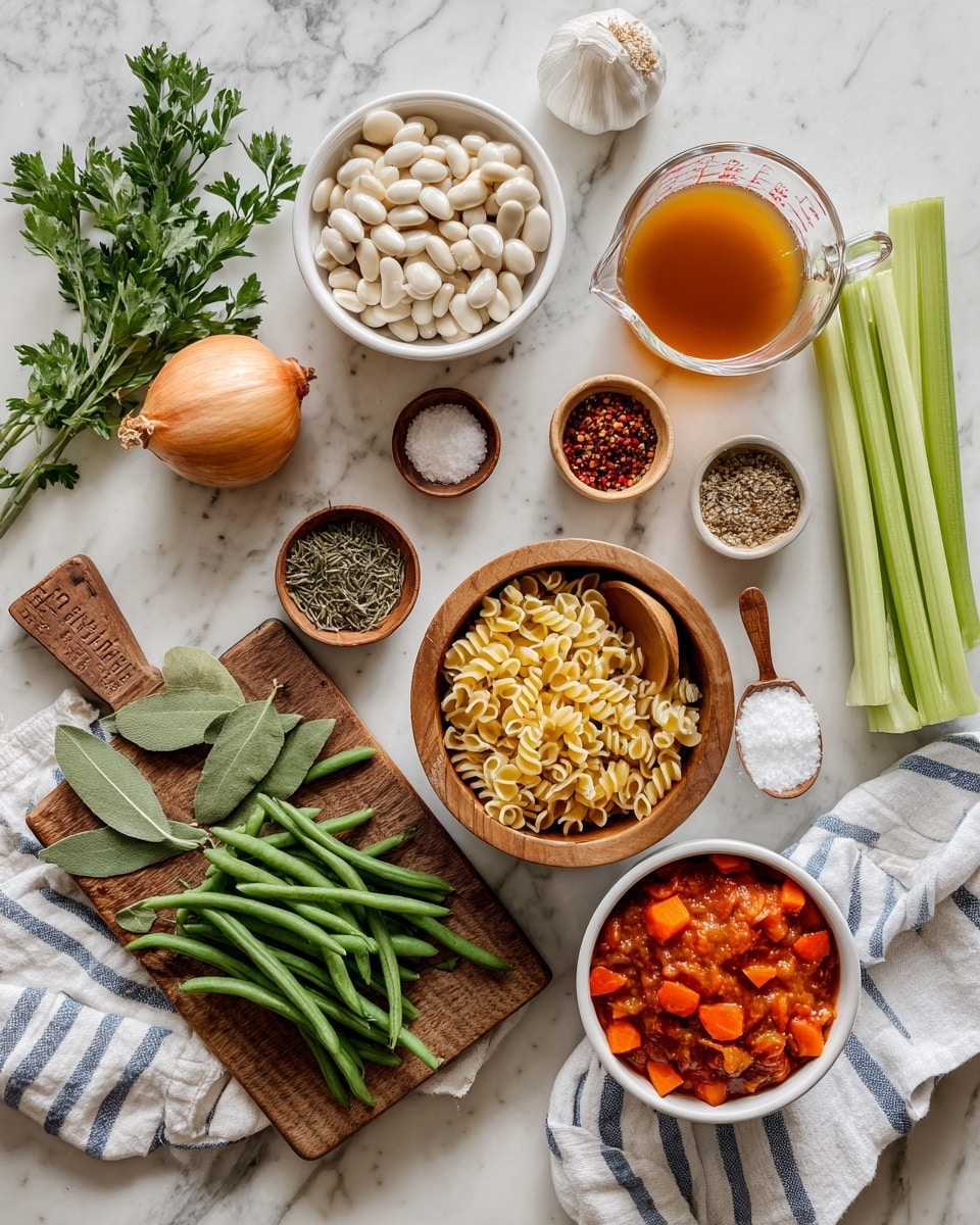 The image shows an overhead view of fresh ingredients placed on a white marbled surface. On the bottom left, there is a wooden board with an onion, garlic cloves, two bay leaves, and fresh green beans arranged neatly next to a white and blue striped cloth. Moving upward, a small white bowl holds dried herbs, while small wooden bowls contain red pepper flakes and dried seeds. In the center, a wooden bowl holds dry pasta with a wooden spoon resting inside. To the right, there are white bowls filled with chopped carrots and diced tomatoes in red sauce. Above, a glass bowl contains white beans, and next to it is a glass measuring cup with a light brown broth. On the left side, fresh celery stalks are visible along with a small wooden bowl of salt and some parsley sprigs. Photo taken with an iphone --ar 4:5 --v 7