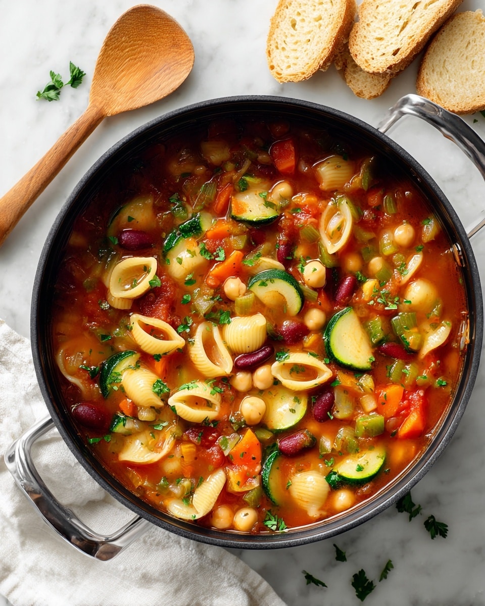A black pot filled with vegetable soup on a white marbled surface, the soup has a red tomato broth with layers of pale beige shell pasta scattered throughout. There are dark red kidney beans, light yellow chickpeas, sliced green zucchini with light green flesh, bright orange diced carrots, light green celery pieces, small chunks of red tomato, and sprinkled green parsley leaves visible on top. A wooden spoon handle is behind the pot, and two slices of light brown bread rest on the right side. A white cloth is near the pot, and the soup looks fresh and colorful. Photo taken with an iphone --ar 4:5 --v 7