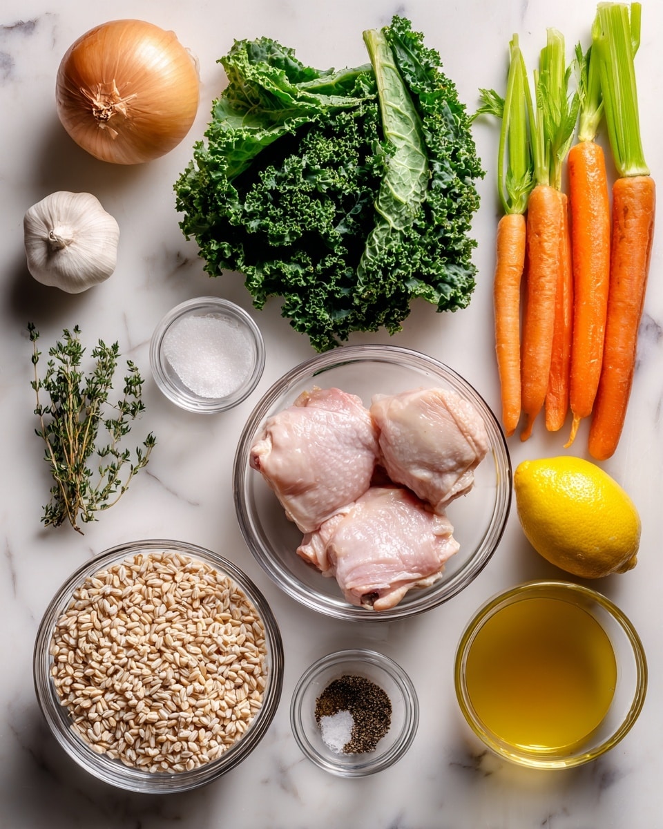 The image shows a white marbled surface with several bowls and ingredients neatly arranged. There are two clear glass bowls with light pink raw chicken thighs and fresh green leafy kale placed near the center. To the left, there is a whole light brown onion, a small white garlic clove, and fresh thyme sprigs. On the right side, there are three fresh orange carrots next to three celery stalks and a whole yellow lemon. Nearby, a clear container holds light brown broth, while another glass bowl is filled with uncooked pale beige barley grains. In smaller glass bowls at the bottom right, white salt, black pepper, and golden olive oil are visible. The scene is bright and clean, with all items clearly displayed, photo taken with an iphone --ar 4:5 --v 7