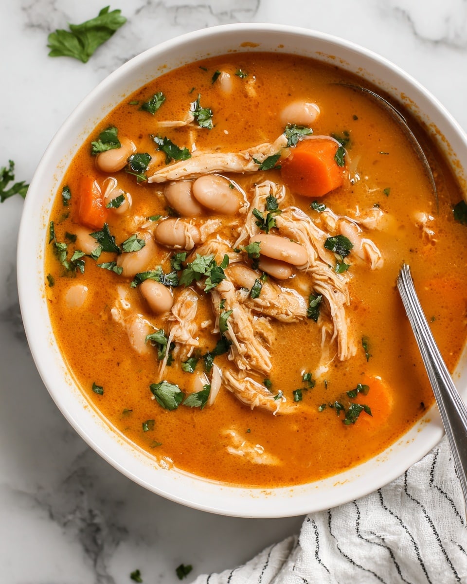 This image shows a white bowl filled with a rich, orange soup that has a creamy texture. The soup contains shredded pieces of light brown chicken layered evenly throughout. Large, round slices of bright orange carrots float in the soup, along with white beans scattered on top. Fresh green herbs, likely cilantro, are sprinkled over the soup, adding a pop of color. A silver spoon rests in the bowl, partially submerged in the soup on the right side. The bowl sits on a white marbled surface with a white and gray striped cloth nearby. Photo taken with an iphone --ar 4:5 --v 7