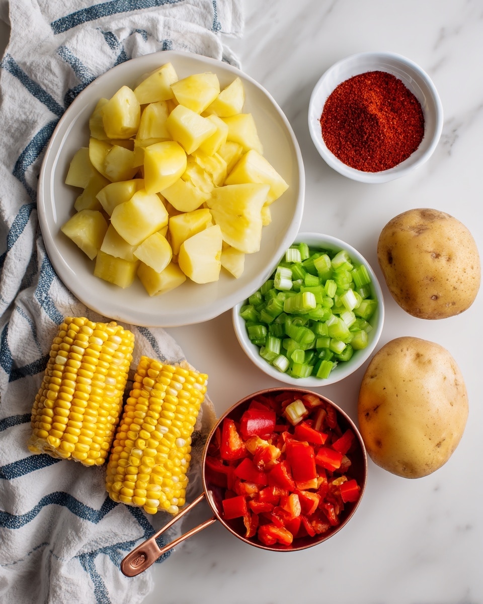 The image shows a white plate with chopped yellow potatoes with skin on them stacked loosely as the main layer at the center-left. To the top center, a small white bowl holds a deep red spice powder layer with a fine texture. To the right, a small white bowl contains chopped bright green celery pieces with a fresh crunchy look. Below it, a copper measuring cup filled with small diced red bell peppers sits on a white and blue striped cloth, adding a bright red layer. The bottom left features four stacked ears of yellow corn with visible kernels, and at the bottom right, a single whole potato with a light brown skin adds a simple, earthy touch. All items rest on a white marbled surface. photo taken with an iphone --ar 4:5 --v 7