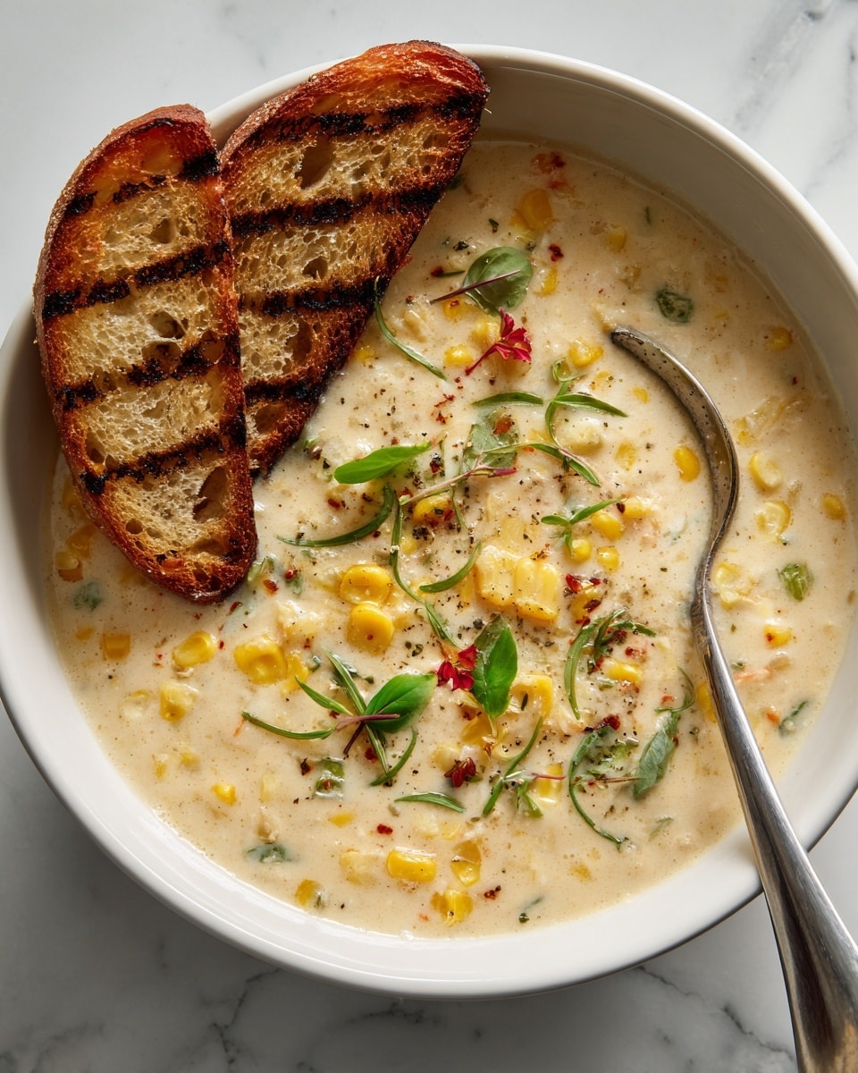 The image shows a white bowl filled with creamy soup that has small pieces of corn inside. On top of the soup are two grilled slices of bread, each with visible grill marks and a light golden color. Small green leaves and tiny bits of red garnish are sprinkled over the soup near the bread, adding a fresh look. A large spoon rests on the edge of the bowl. The bowl is placed on a white marbled surface. Photo taken with an iphone --ar 4:5 --v 7