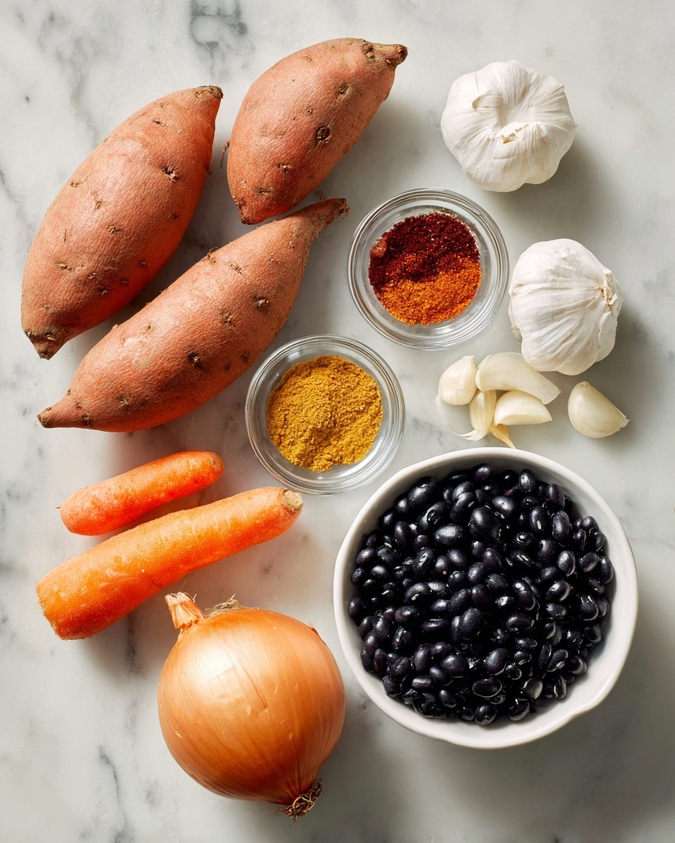 The image shows several raw ingredients laid out on a white marbled surface. There are two orange sweet potatoes on the left side, with a round light brown onion and an orange carrot placed below two small clear glass bowls containing reddish-brown and yellow spices, respectively, near the top center. Three garlic cloves are positioned in a small cluster near the top right. On the right side, there is a white bowl filled with dark black beans. The colors range from pale orange and brown to dark black, with clear textures visible on the vegetables and spices. Photo taken with an iphone --ar 4:5 --v 7