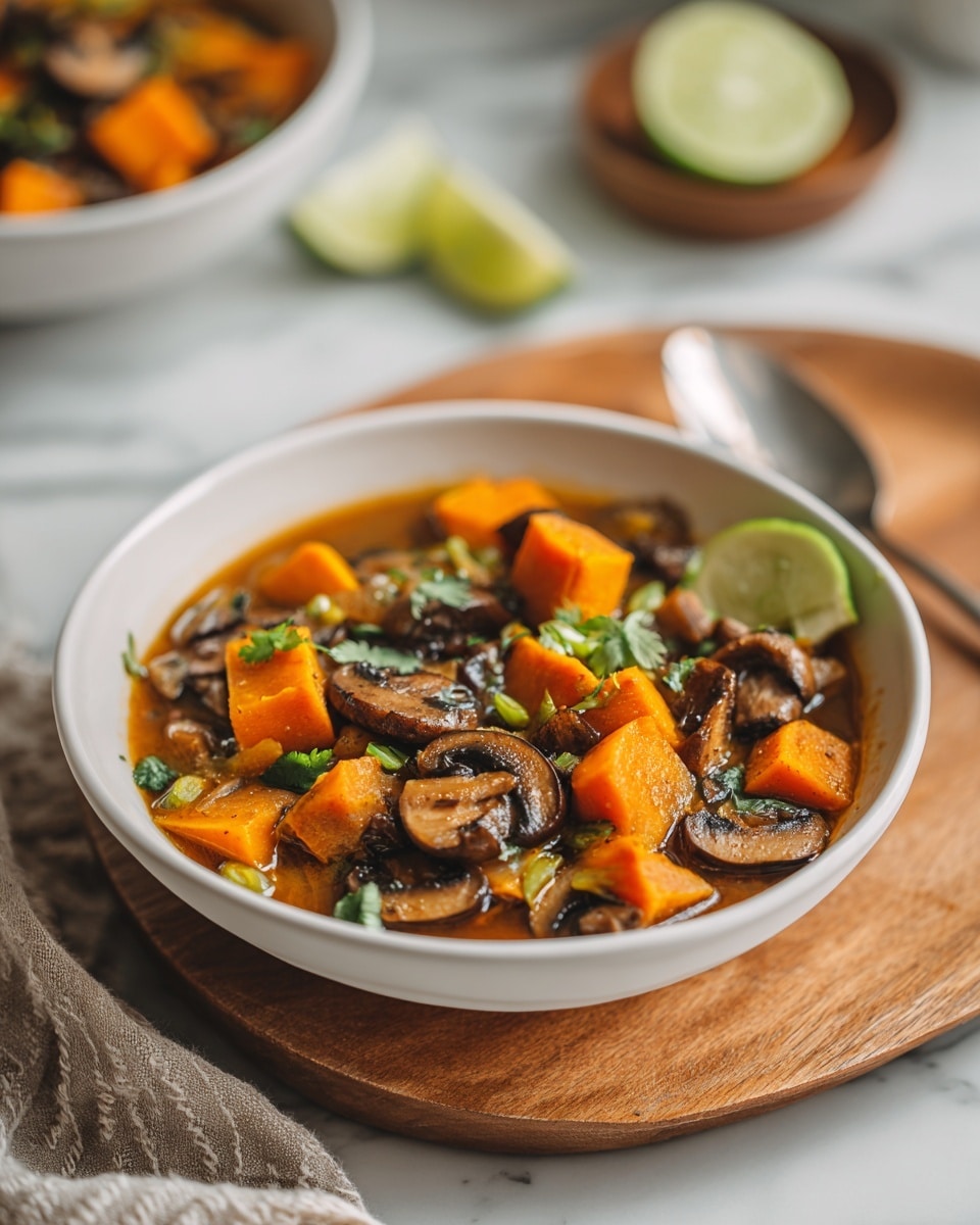 A white bowl filled with a stew-like dish containing square pieces of bright orange pumpkin, soft brown mushrooms, and small green garnishes scattered on top, with visible chunks of light brown onions in the mix. The bowl sits on a light wooden board that rests on a white marbled surface. In the background, a blurred second white bowl with the same stew is partially visible along with a wedge of lime and a woman's hand holding a spoon nearby. The overall look is warm and inviting with a mix of soft and crisp textures. photo taken with an iphone --ar 4:5 --v 7