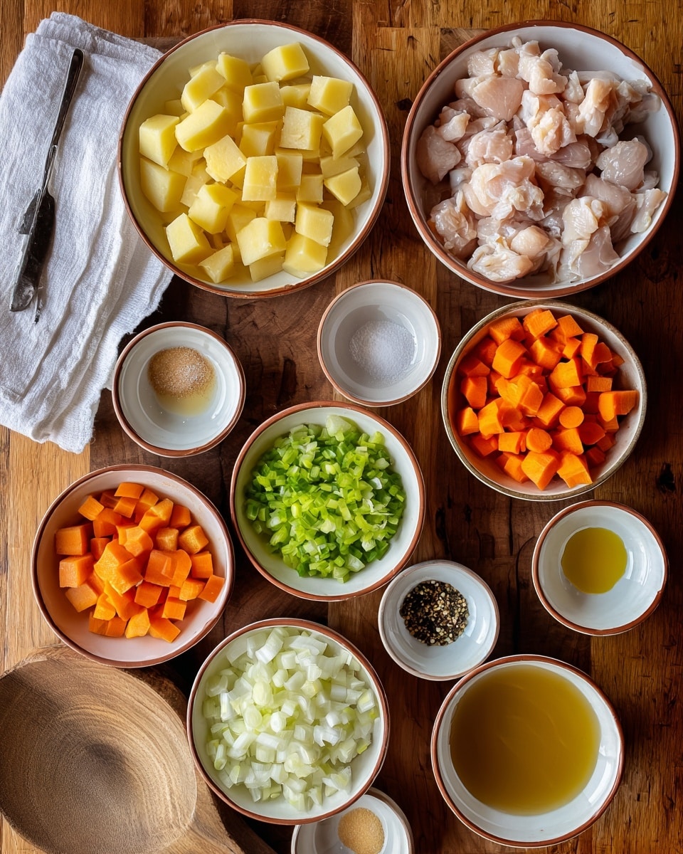 A wooden surface holds nine white bowls with brown rims, each filled with different ingredients. The largest bowl near the center contains diced light yellow potatoes. To the right, a bowl holds bite-sized pieces of raw pale pink chicken. Near the bottom, other bowls contain finely chopped white onions, diced green celery, and small cubes of bright orange carrots. Small bowls with white powder, a mix of salt and pepper, honey-colored liquid, golden oil, creamy liquid, and light brown sauce surround the larger bowls. A white cloth with a brown spoon rests on the bottom left corner. The photo taken with an iphone --ar 4:5 --v 7
