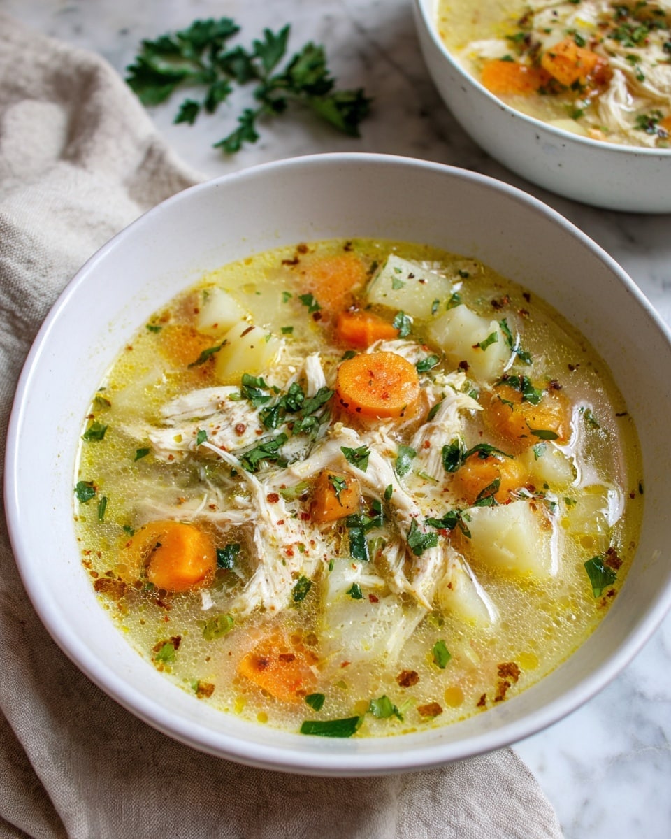 The image shows a white bowl filled with a light yellow broth soup containing layers of shredded white chicken, small round orange carrot slices, pale yellow potato chunks, and green herbs scattered on top. The soup appears clear with visible tiny bubbles and floating spices. The bowl is on a white marbled textured surface and is surrounded by a beige cloth to one side, with a blurred second bowl in the background. The scene looks fresh and warm. photo taken with an iphone --ar 4:5 --v 7