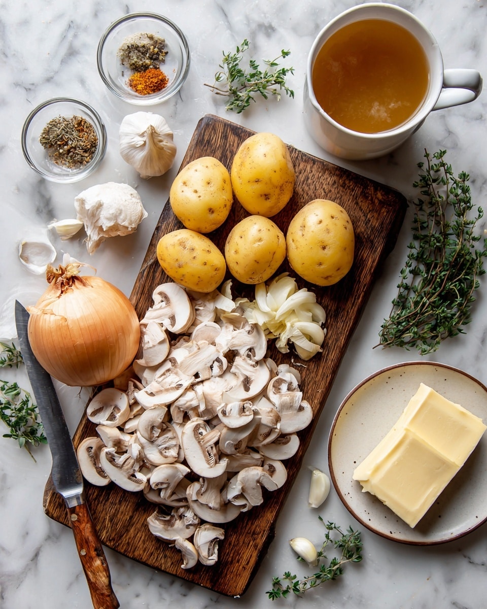 The image shows a wooden cutting board placed on a white marbled surface, filled with various cooking ingredients. On the board, there are five whole yellow potatoes arranged near the top, a pile of sliced white mushrooms with brown stems spread over the lower half, a whole yellow onion on the left side, and four cloves of garlic next to it. To the left on the board, there is a small knife with a wooden handle. A small white dish with different spices is at the top left corner of the board. Surrounding the board on the marble surface are a clear bowl filled with golden brown broth on the top right, a small white bowl of cream beneath it, and a small white plate with two rectangular pieces of butter below that. Small sprigs of green herbs are scattered around the cutting board. photo taken with an iphone --ar 4:5 --v 7
