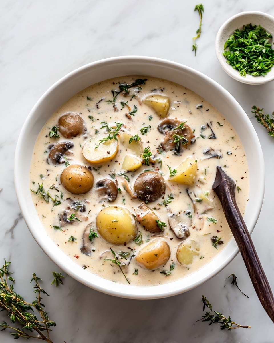 A white bowl filled with creamy mushroom soup containing small round potatoes and sliced mushrooms floating in a thick, white broth. The soup has a smooth texture with visible pieces of mushrooms and potatoes spread throughout. A dark wooden spoon is placed inside the bowl, partially submerged in the soup. In the background, there is a small white bowl with finely chopped green herbs on a white marbled surface. Some green herbs are also placed around the bowl on the surface. photo taken with an iphone --ar 4:5 --v 7