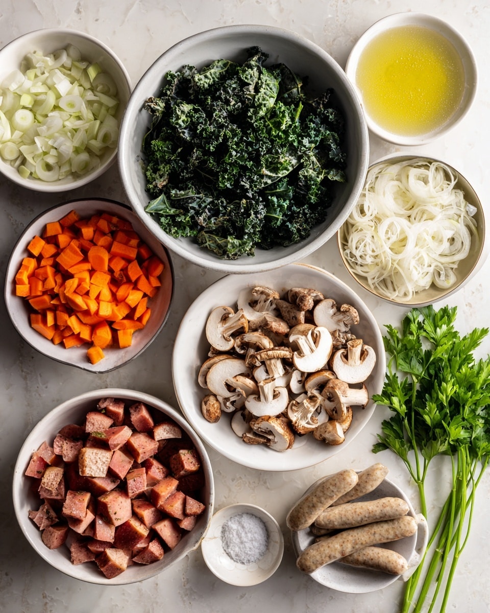 A white marble surface holds several white bowls and dishes filled with ingredients arranged neatly. At the bottom left, there is a large white bowl filled with chopped red potatoes. To its right, three uncooked sausages rest on the surface. Above the potatoes, a large white bowl is filled with chopped dark green kale. In the center, a white bowl holds sliced mushrooms with light brown caps and white stems. To the right of the mushrooms, a small white bowl contains a yellow liquid, likely oil, and next to it, a small white bowl with white grains, possibly minced garlic. To the top left, a small white bowl contains finely chopped white onions, next to it a bowl with diced orange carrots, and above that, a smaller bowl filled with sliced pale green celery. Fresh green parsley lies to the right edge of the surface. A small bowl with coarse salt sits next to the onions. photo taken with an iphone --ar 4:5 --v 7
