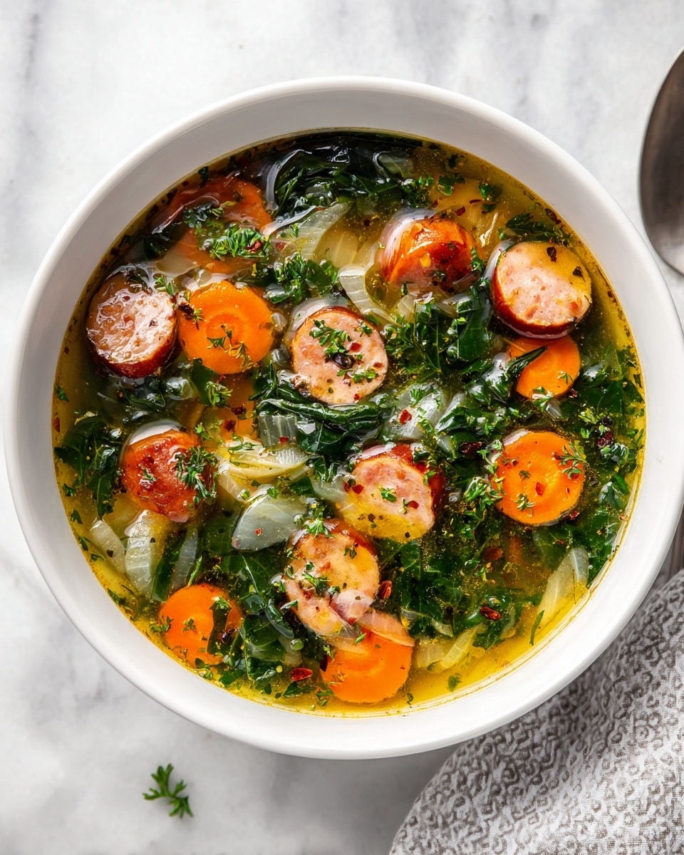 A white bowl filled with a clear broth soup showing several layers of ingredients: bright orange carrot slices, green leafy vegetables, translucent cooked onions, and round pieces of sausage with a slightly browned surface. The soup has visible herbs and spices sprinkled throughout, creating a speckled look on top. The bowl is set on a white marbled surface with a light gray patterned cloth partially visible on the side. photo taken with an iphone --ar 4:5 --v 7