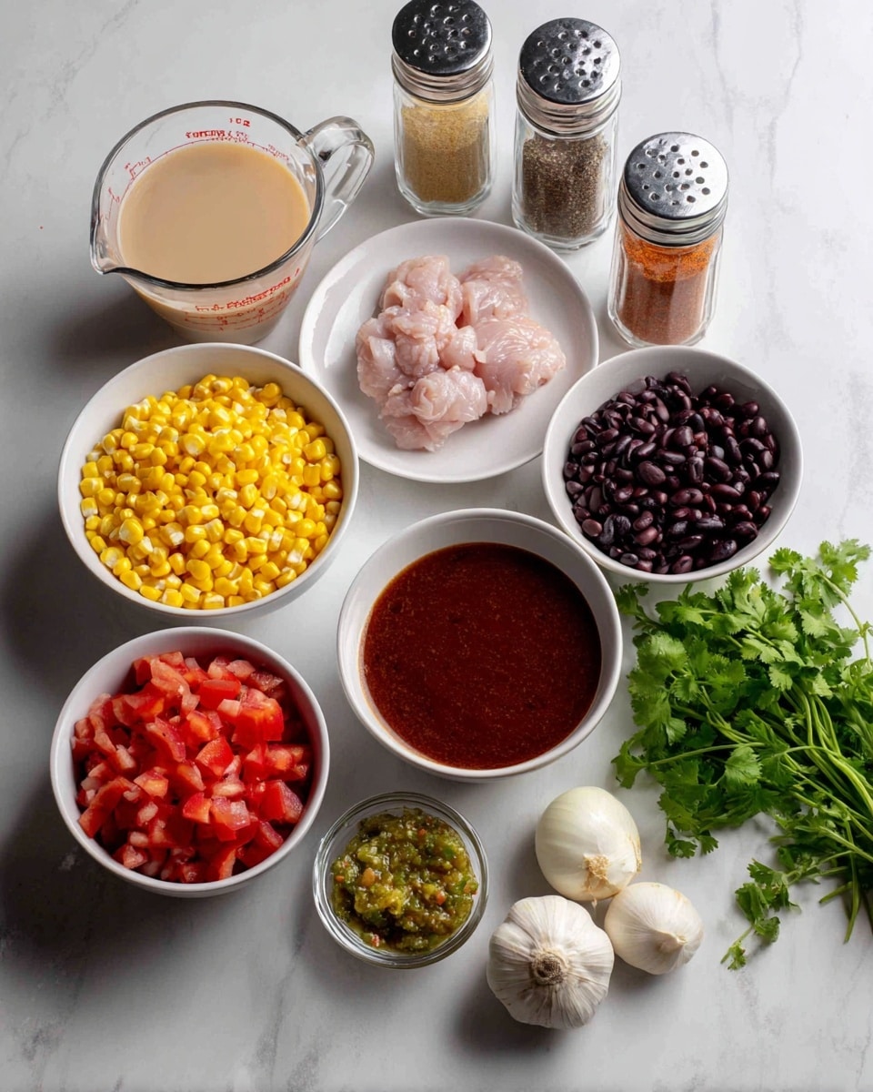 The image shows a clean white marbled surface with various white bowls and plates arranged neatly. From left to right, there is a clear measuring cup with light beige liquid, a white plate with a piece of raw chicken, a white bowl filled with bright yellow corn kernels, a white bowl with dark black beans, and a white bowl containing diced red tomatoes. Next to these is another white bowl with green salsa, and beside it is a white bowl filled with thick reddish-brown sauce. Three clear spice jars labeled cumin, chili powder, and bay leaves are placed upright nearby. In front of the bowls and jars, there are whole garlic and onion, along with a small fresh bunch of green cilantro. The setup looks fresh and organized. Photo taken with an iphone --ar 4:5 --v 7