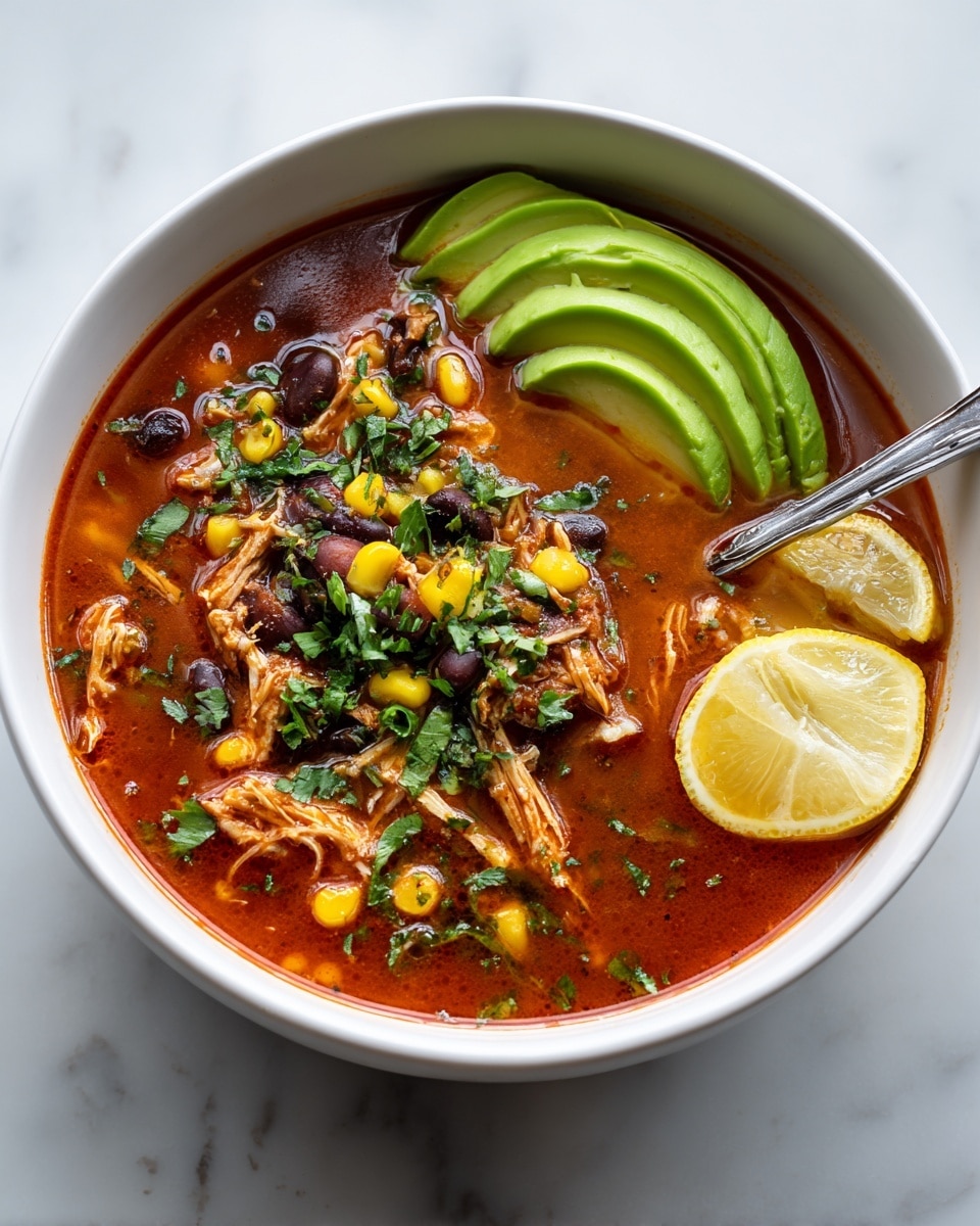 A white bowl filled with a rich, orange-red soup with visible shredded meat pieces, black beans, yellow corn kernels, and fresh green herbs sprinkled on top. On one side of the bowl, there are three thin, vibrant green avocado slices neatly placed in a row. Next to the avocado, two lemon wedges rest on the edge of the bowl. A spoon is partially immersed in the soup, with the handle pointing outward. The bowl sits on a white marbled surface. photo taken with an iphone --ar 4:5 --v 7