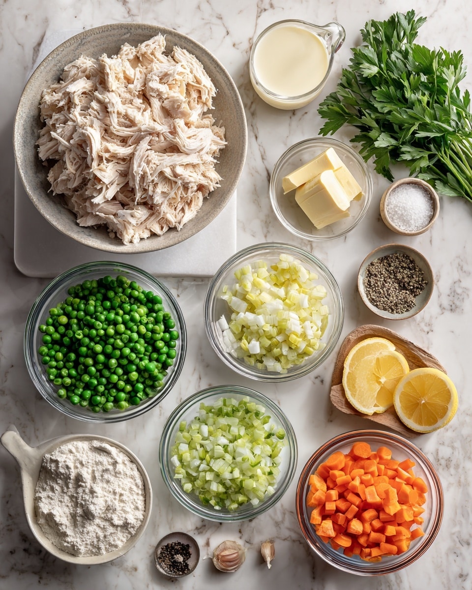 The image shows a white marble surface with several clear bowls arranged in a loose grid, each containing different ingredients. There is one large bowl filled with shredded chicken, beside it are smaller bowls with green peas, sliced carrots, chopped celery, chopped onions, and minced garlic. Two lemon halves and a small bowl of black pepper are placed nearby. Butter and flour are in two separate bowls, with a glass of chicken broth and a glass of milk also visible. A bunch of fresh parsley lies on the surface, and a woman's hand is poised near the bowls, ready to cook. The scene is bright and clean, well-lit to show the colors and textures clearly, photo taken with an iphone --ar 4:5 --v 7
