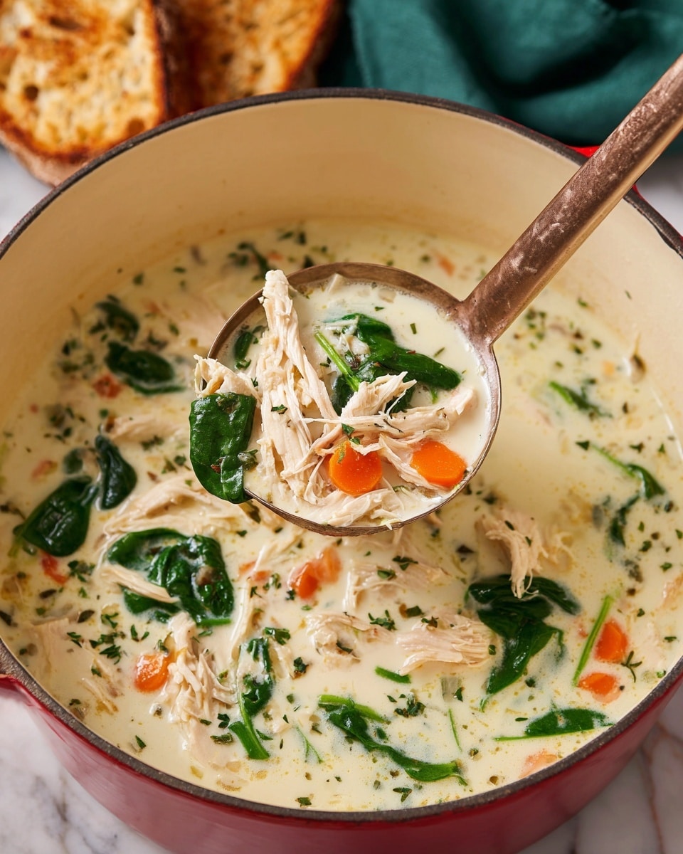A ladle filled with creamy soup with three visible layers: shredded white chicken pieces and small bright orange carrot cubes on the bottom, fresh green spinach leaves in the middle, all covered by a thick, smooth, light cream-colored broth with small herb specks on top. The ladle is inside a large white pot with a red outside on a white marbled surface, with two brown pieces of toasted bread in the background, and a glimpse of a green cloth behind. Photo taken with an iphone --ar 4:5 --v 7