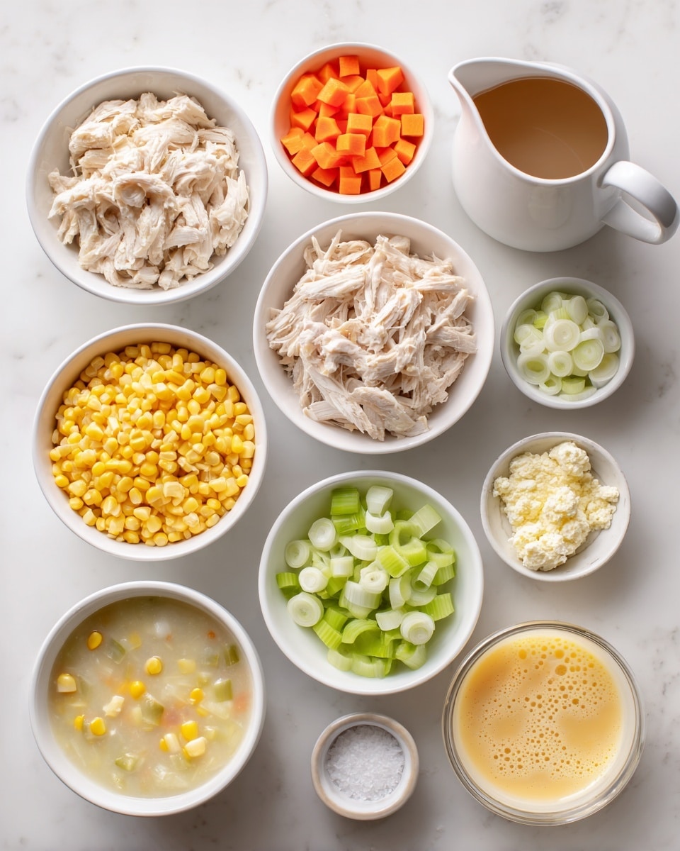 The image shows nine small white bowls and one white pitcher arranged on a white marbled surface, each with different ingredients. Starting from the bottom left, there is a bowl filled with creamy corn chowder containing whole yellow corn kernels, next to it is a bowl with shredded light beige cooked chicken. Above the chicken is a bowl of frozen yellow corn. To the right of the corn chowder is a white pitcher holding light brown liquid broth. Above the pitcher is a bowl of small bright orange carrot cubes. Next to the carrots is a small bowl with light yellow powder. Above that is a clear bowl with light green chopped celery pieces. To the right is a small bowl with finely white crumbled substance. Above that is a bowl of pale yellow-orange beaten eggs with visible bubbles and foam. At the top left is a bowl of sliced pale green onion rings, and to its right is a small bowl with fine white salt-like granules. All items are perfectly placed, showing clear textures and colors, photo taken with an iphone --ar 4:5 --v 7
