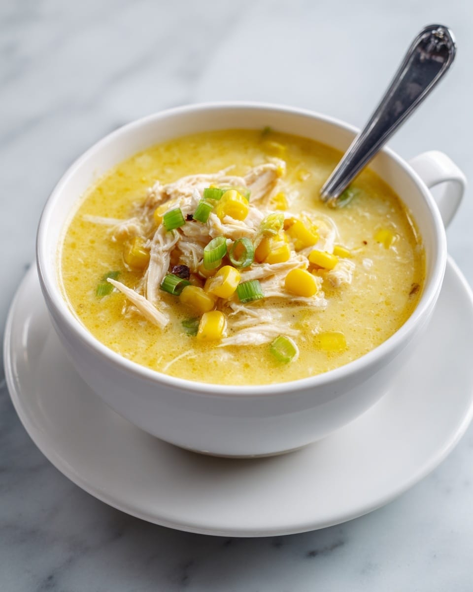 A white bowl filled with thick yellow soup sits on a white saucer, placed on a white marbled surface. The soup has visible pieces of shredded white chicken mixed with bright yellow corn kernels and small bits of green onion scattered on top. A silver spoon rests inside the bowl on the right side, partially submerged in the soup. The soup looks creamy with a smooth texture, while the chicken and corn add soft chunks. The scene is brightly lit, showing the fresh colors and textures well. photo taken with an iphone --ar 4:5 --v 7