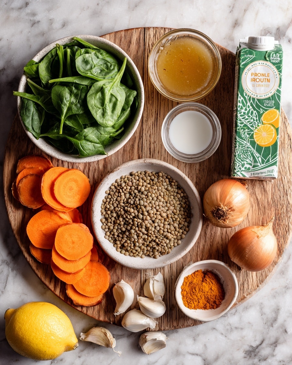 The image shows a round wooden board on a white marble surface holding various ingredients neatly arranged. On the top left, there is a white bowl filled with fresh green spinach leaves. To the right of the bowl, a carton of vegetable broth with green and yellow colors is placed upright. In the center of the board, a small glass bowl with a white liquid stands next to a pile of light brown lentils in a white bowl. Below the lentils, another small white bowl contains an orange spice. To the left of these, there are thinly sliced orange carrot rounds on the board, next to a whole brown onion and two garlic cloves. A lemon with a bright yellow color is placed near the bottom left edge of the board. The arrangement is clear, with natural colors contrasting against the wooden board and white marble background. Photo taken with an iphone --ar 4:5 --v 7