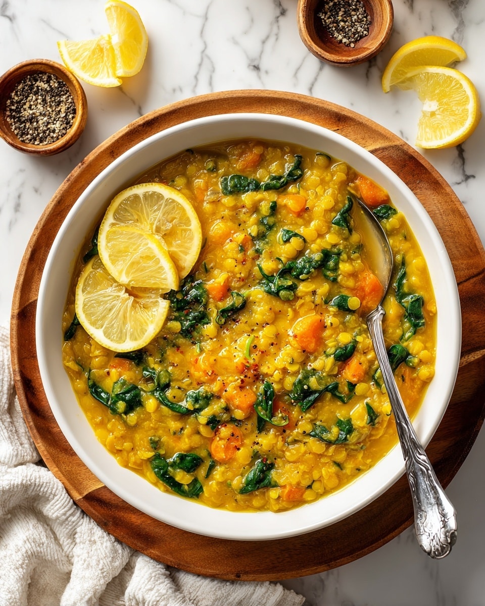 The image shows a white bowl filled with a thick stew made of yellow lentils, orange carrot slices, and green spinach leaves evenly mixed throughout. Two thin yellow lemon slices rest on the top left side of the stew, adding contrast. A silver spoon is inside the bowl on the right side, partially submerged. The bowl is placed on a round wooden board, surrounded by yellow lemon wedges and a white cloth napkin folded neatly near the top left. A small bowl with black pepper sits near the top edge, all set on a white marbled surface. photo taken with an iphone --ar 4:5 --v 7