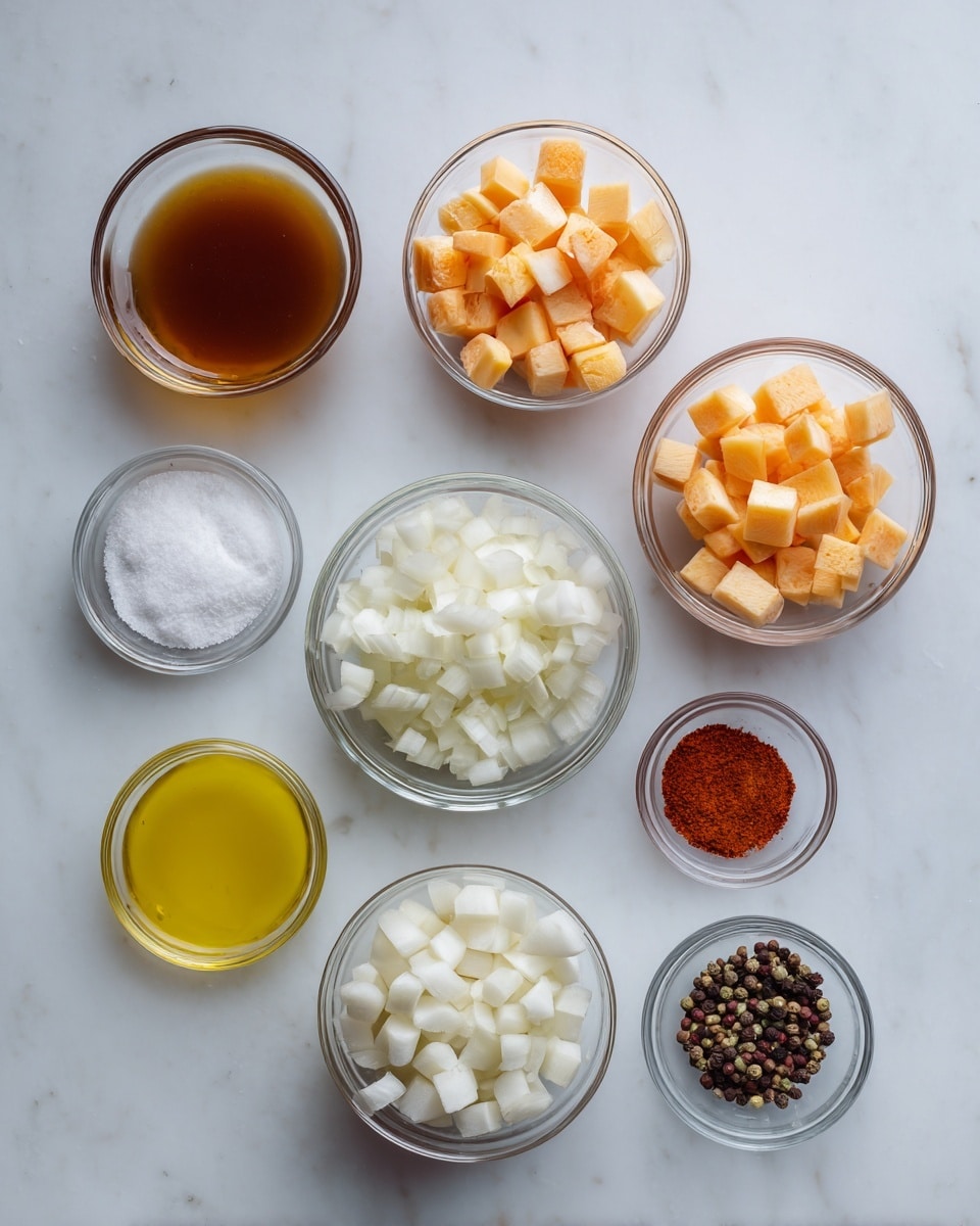 The image shows a flat lay of nine small clear glass bowls arranged on a white marbled surface. One bowl at the top holds a brown liquid broth. Below it, to the left and right, are two bowls filled with small orange cubes and light orange cubes, respectively. In the middle row, from left to right, there are three bowls containing small white cubes, chopped white onions, and a measuring scoop filled with white salt. At the bottom left corner, a small bowl has a yellow liquid, next to it is a bowl with red powder, and to the right is a tiny bowl with a few small dark brown whole spices. All elements are evenly spaced and clearly visible. Photo taken with an iphone --ar 4:5 --v 7