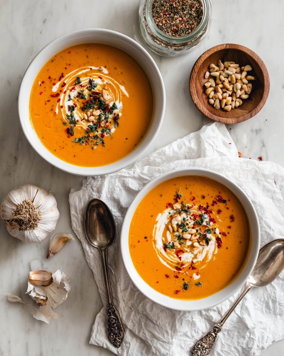 Two white bowls filled with smooth orange soup are placed on crumpled white parchment over a white marbled surface. Each bowl has a swirl of white cream on top, scattered with small red flakes, crunchy bits, pine nuts, and green herb leaves. Nearby, a small wooden dish contains pine nuts, and a glass jar is filled with mixed seeds or spices. Two halves of roasted garlic bulbs rest by the bowls, and there is an ornate silver spoon beside the nearest bowl. photo taken with an iphone --ar 4:5 --v 7