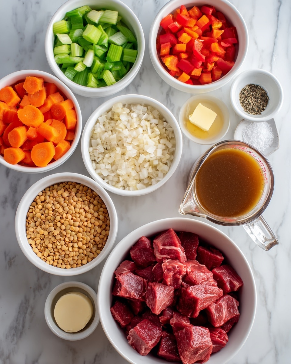 The image shows various ingredients for cooking, all placed on a white marbled surface. In the center, there is a white bowl filled with red chunks of raw meat. Surrounding it are smaller white bowls, each holding different items: sliced orange carrots, light green chopped celery, chopped white onions, small red pieces likely peppers, and beige lentils or grains. Next to the bowls, there is a clear glass measuring cup filled with brown broth. Small white bowls with dark soy sauce, white salt, black pepper, and creamy light yellow butter are also present. The colors and textures are clear, arranged neatly and well-lit. Photo taken with an iphone --ar 4:5 --v 7