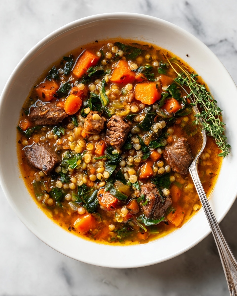A white bowl filled with a thick soup made of small round grains and large chunks of dark brown meat. Orange carrot pieces and green leafy bits are mixed in the soup, giving it a colorful look. There is a shiny metal spoon resting inside the bowl on the right side and a small sprig of green herbs placed on the side of the bowl as decoration. The bowl is placed on a white marbled surface. photo taken with an iphone --ar 4:5 --v 7