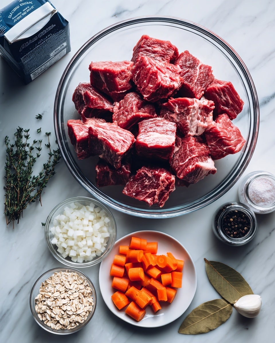 A clear glass bowl filled with many pieces of raw red beef with white marbled fat, sitting on a white marbled surface. Below the bowl, a white plate holds two layers: one half has small white onion pieces, and the other half has orange carrot slices in different sizes. Near the plate, there are a few dark green thyme sprigs and two light brown bay leaves laying flat. A small clear glass bowl next to the thyme holds several cloves of peeled garlic. To the left, there is a blue beef broth carton, and to the right are two clear bottles with black pepper and pink salt. At the bottom center, a small clear measuring cup has rolled oats. Photo taken with an iphone --ar 4:5 --v 7