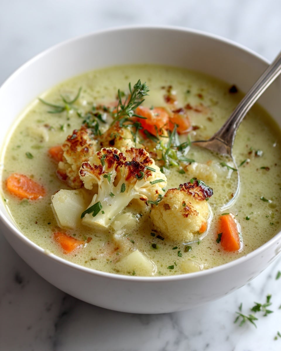 A white bowl filled with thick creamy soup that has light green color and visible pieces of orange carrot, light beige potato, and small browned cauliflower florets on top. A silver spoon is resting inside the bowl, holding some of the soup with the visible vegetables. The background surface is white marbled texture. Photo taken with an iphone --ar 4:5 --v 7
