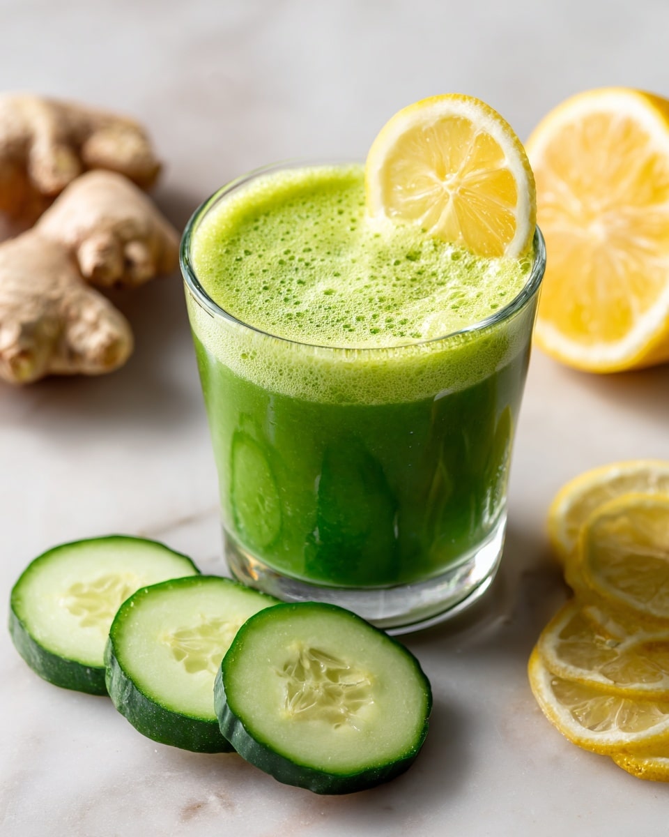 A short clear glass filled with a thick green juice with a frothy surface, garnished with a yellow lemon wedge on its rim, sits on a white marbled surface. Around the glass are three round cucumber slices showing pale green flesh and seeds in the foreground and a small pile of thin, pale yellow ginger slices next to a whole ginger root in the background. To the right, several thin lemon slices are arranged, showing bright yellow rinds and translucent pale centers. Photo taken with an iphone --ar 4:5 --v 7