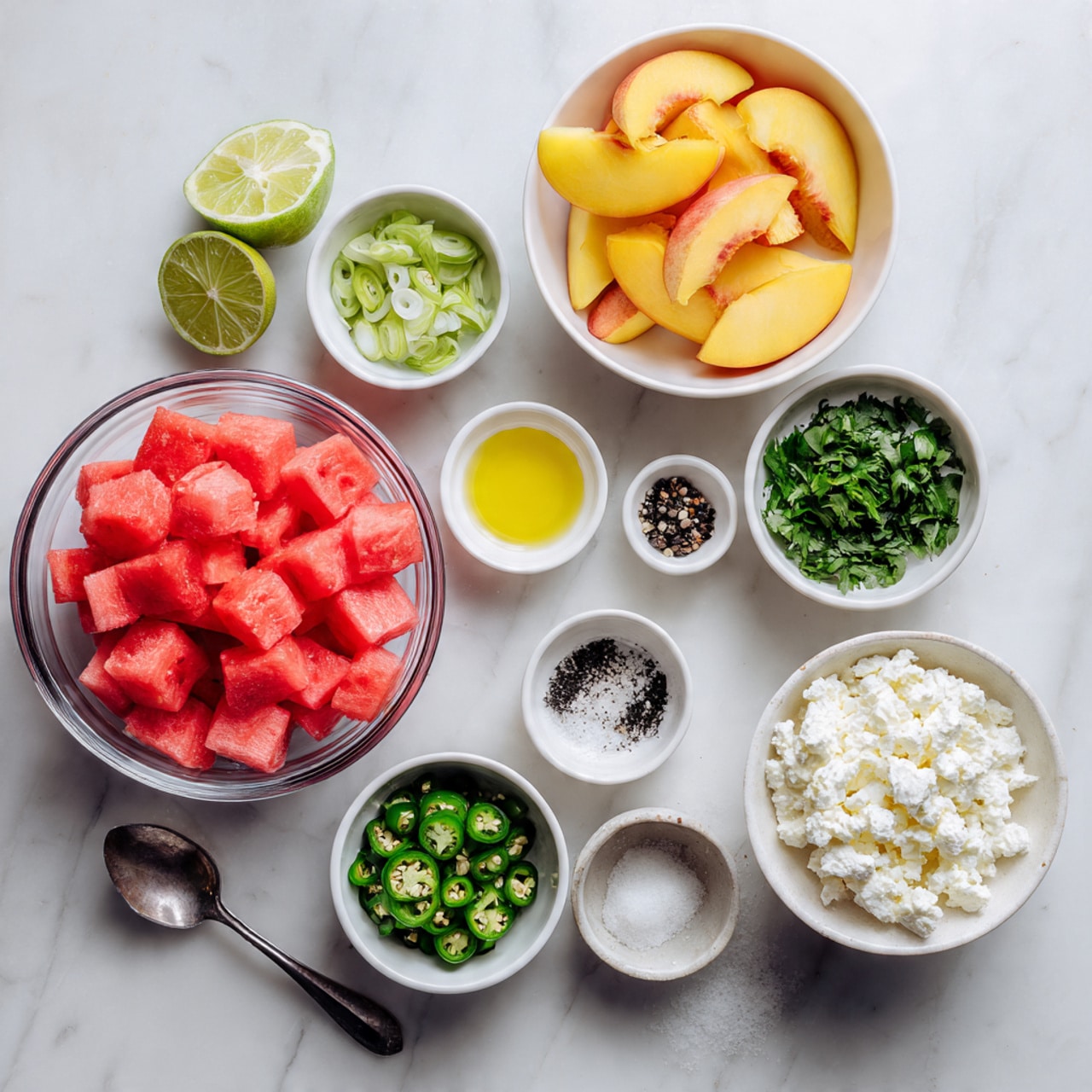 The image shows a neatly arranged set of ingredients on a white marbled surface, ready for a fresh fruit salad or similar dish. There are two large clear bowls: one filled with bright red watermelon cubes, and the other with slices of yellow-pink peach. A white bowl holds light green chopped scallions, and another white bowl contains crumbled white cheese. Two small white bowls sit with finely chopped green jalapeños and chopped dark green herbs. A small white bowl with salt and black pepper, a small white bowl with golden olive oil, and a silver spoon with minced garlic complete the setup. Two halves of a fresh lime are also placed near the peach bowl photo taken with an iphone --ar 4:5 --v 7