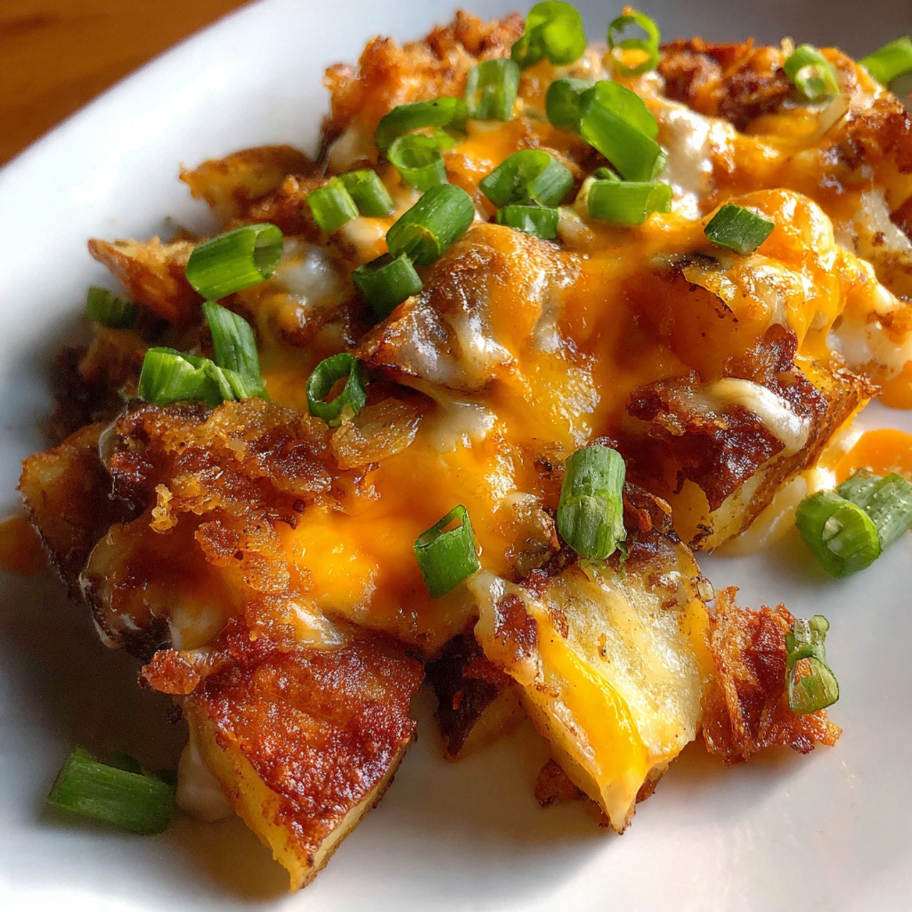 A close-up view of a dish with crispy brown potato pieces layered unevenly across a white plate, topped with melted orange cheese that stretches between the potato chunks. Small green onion slices are scattered on top, adding a fresh pop of color. The textures show crunchy, browned edges of potatoes contrasting with smooth, creamy cheese. photo taken with an iphone --ar 4:5 --v 7