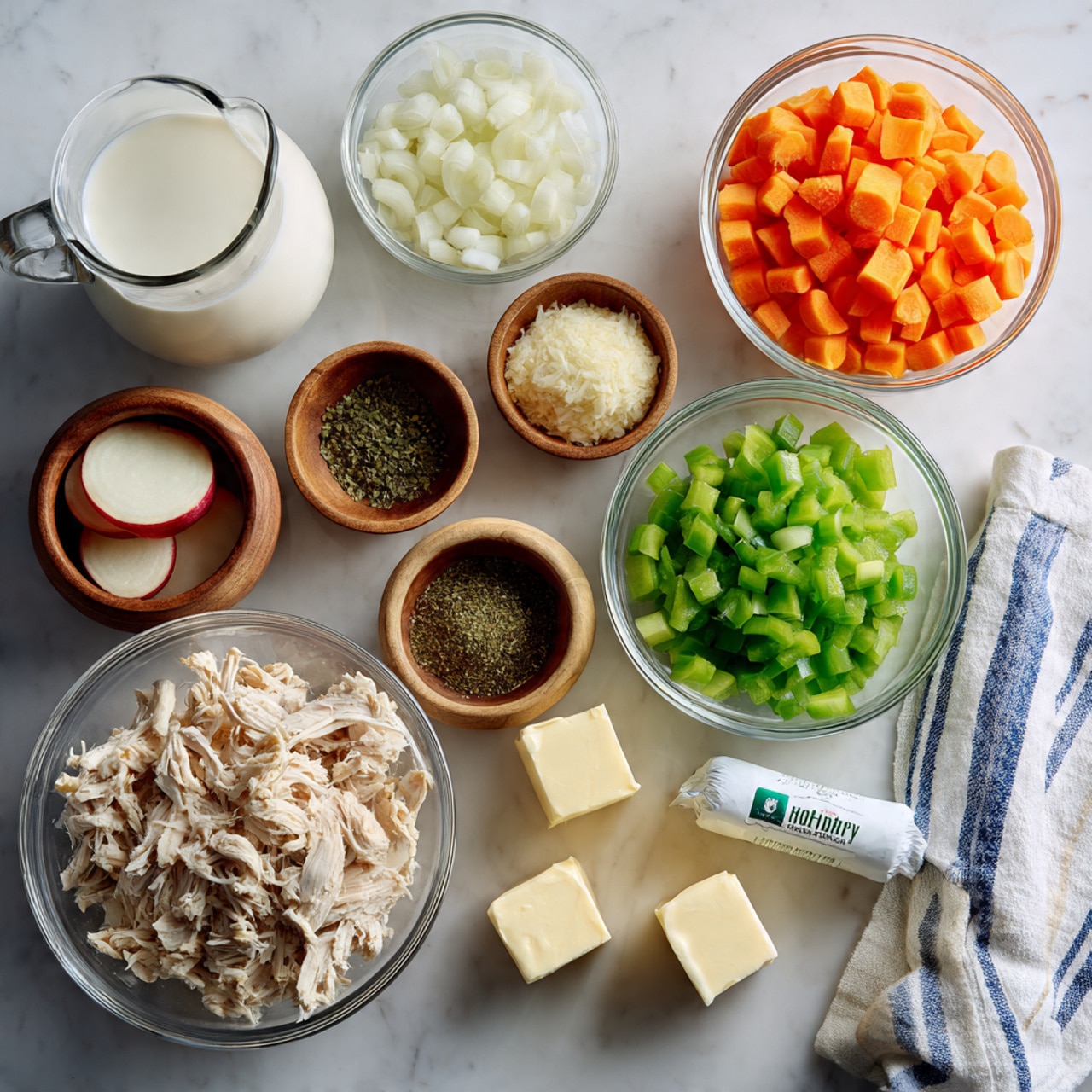 The image shows a white marbled surface with 14 bowls and containers arranged neatly. At the center bottom, there is a clear bowl with shredded light brown chicken. To the right of it, a stick of butter in a wrapper lies on the surface. Moving up from the chicken bowl, there are four small wooden bowls with different dry green herbs and black pepper. Above these, there are three clear bowls with chopped green bell pepper, chopped green celery, and white flour. At the top right, an orange bowl holds diced bright orange carrots. On the top left, a clear bowl contains diced white onions next to a glass pitcher filled with white milk. On the far left, a glass jar with a red lid holds light broth, next to a clear bowl with thin slices of red potato. The colors range from white, light brown, orange, green, and yellow, with the textures varying between solid, liquid, and powder. A white and blue striped cloth sits at the top edge. Photo taken with an iphone --ar 4:5 --v 7