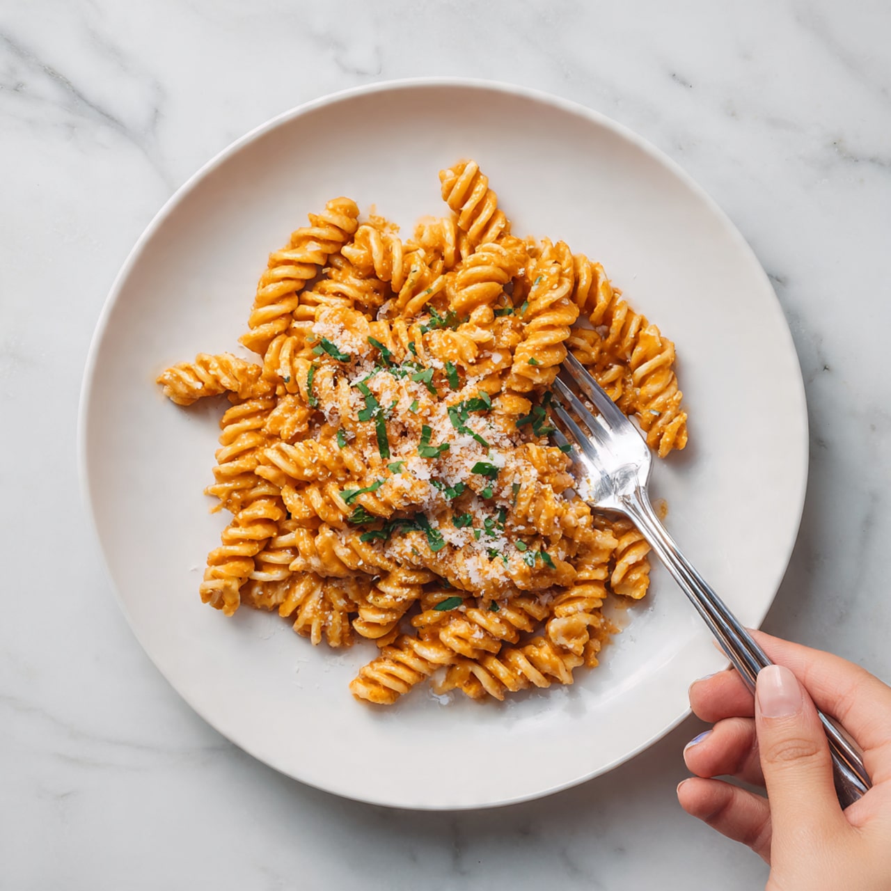 The image shows a white plate filled with spiral pasta coated in a thick, rich orange sauce. The pasta is garnished evenly with finely chopped green herbs and sprinkled with a light dusting of grated cheese. A silver fork is placed on the right side of the plate with a few pieces of pasta on it, and a woman's hand holding the fork is visible at the bottom right corner. The plate rests on a white marbled surface. Photo taken with an iphone --ar 4:5 --v 7