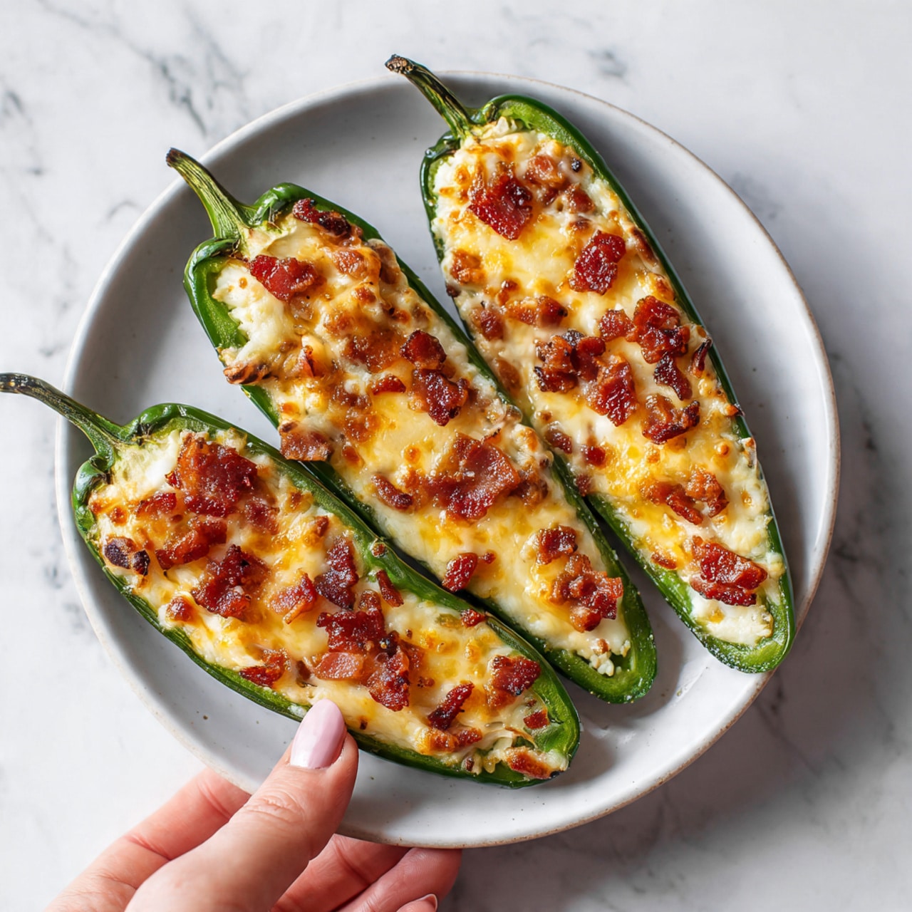 Three green jalapeño peppers are sliced in half lengthwise and filled with a mixture of melted yellow cheese and small pieces of cooked bacon. The cheese looks soft and slightly browned on top, with some bubbling texture. The peppers are placed on a white round plate resting on a white marbled surface. The jalapeños have a glossy, fresh green skin, and the bacon bits add a touch of reddish-brown color. A woman's hand is holding one of the stuffed jalapeño halves near the edge of the plate. Photo taken with an iphone --ar 4:5 --v 7