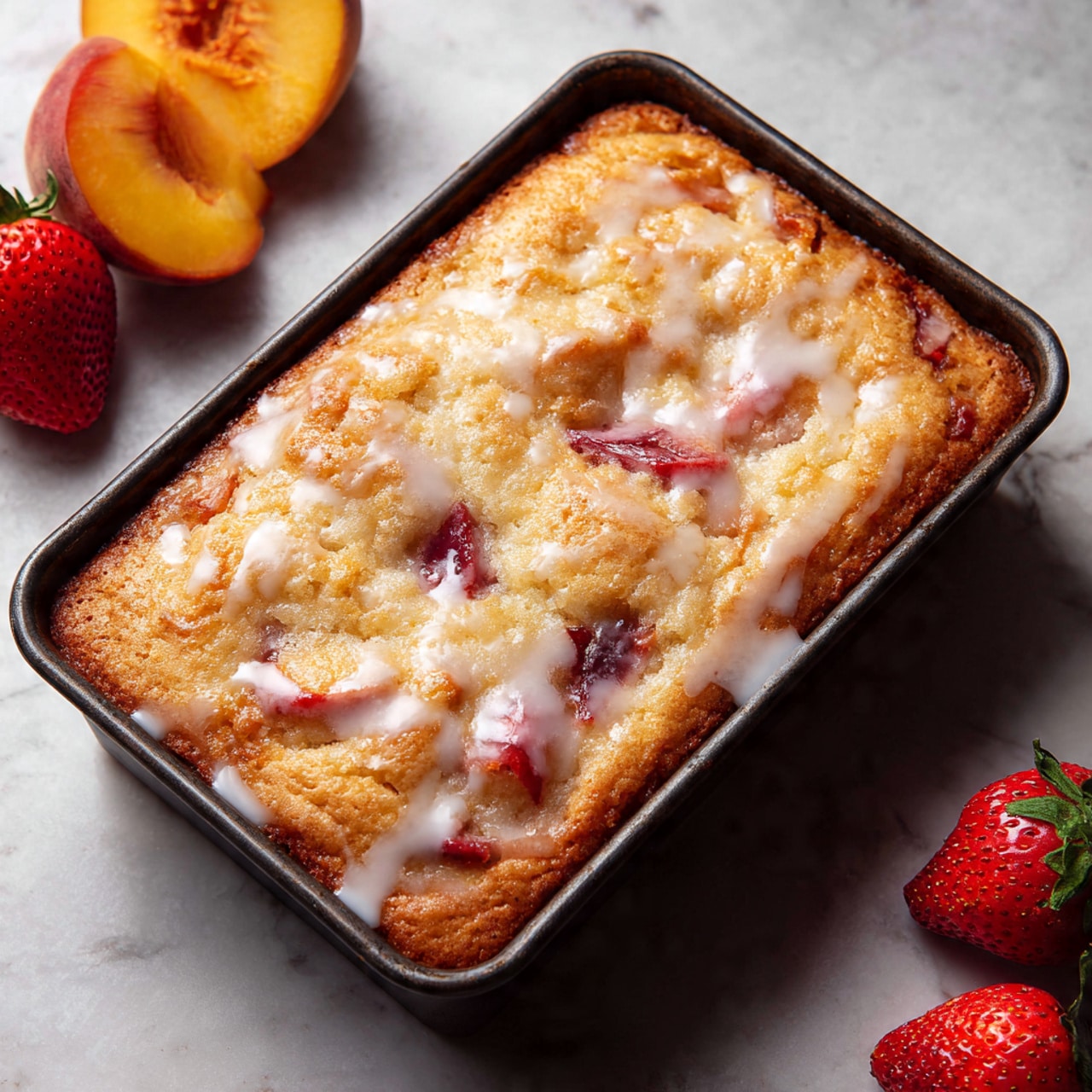 A rectangular baked cake in a dark pan sits on a white marbled surface, showing a golden-brown top with uneven texture and visible pockets of deep red fruit filling. A shiny, translucent white glaze is spread unevenly over the entire surface, pooling slightly in dips. The cake looks soft and fluffy with a few browned edges, and there are whole peaches and sliced strawberries slightly out of focus in the background. Photo taken with an iphone --ar 4:5 --v 7