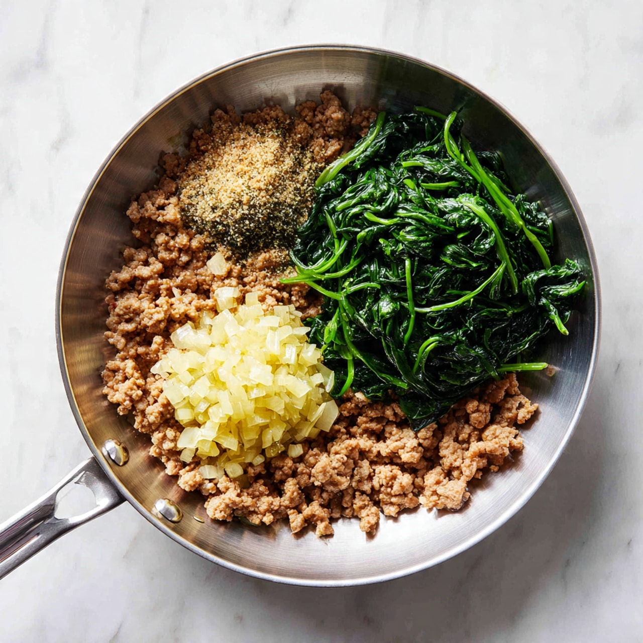 A round silver pan is placed on a white marbled surface, inside the pan there is a base layer of cooked ground meat, light brown with some crisp bits scattered. On top of the meat, there are three distinct piles: one of light green cooked spinach with a soft texture on the right side, one of finely chopped pale yellow garlic near the top left, and one small mound of light brown sugar slightly below the garlic. The pan handle points towards the bottom left. Photo taken with an iphone --ar 4:5 --v 7