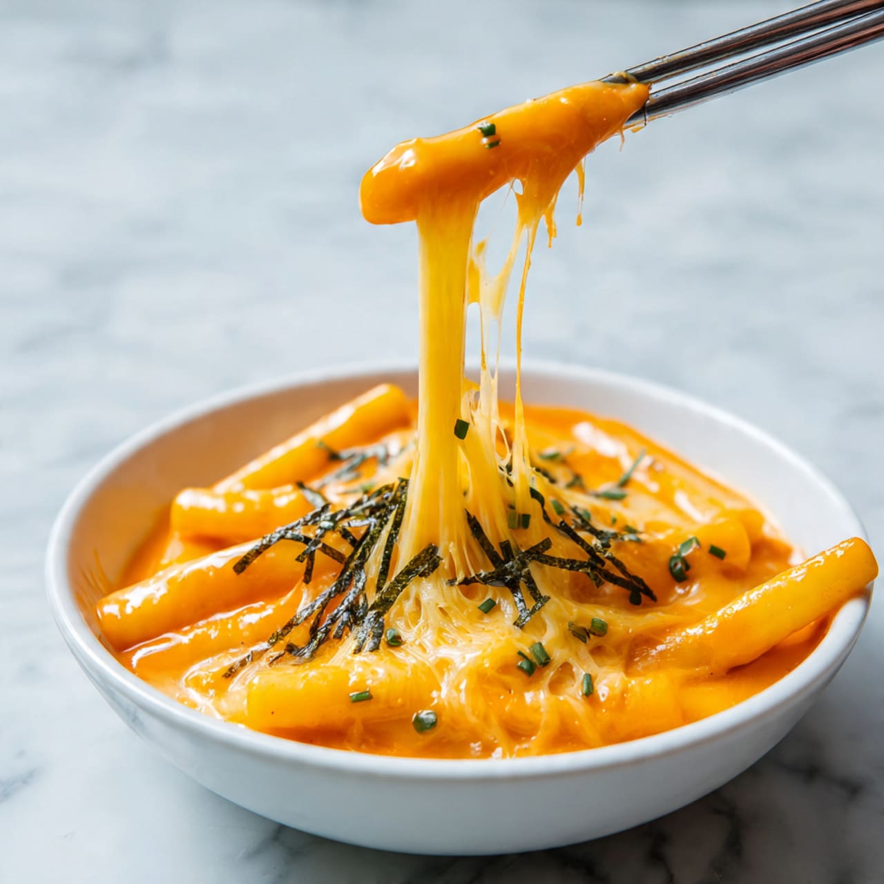 The image shows a close-up of a single rice cake stick dipped in thick orange sauce held by metal chopsticks. The rice cake is covered with melted cheese that stretches down in thin strings. Behind, a shallow white bowl is filled with many rice cakes in the same orange sauce with small green herb pieces scattered on top. The sauce looks creamy with a smooth, shiny texture, and the rice cakes have a soft, glossy surface. The background is a white marbled surface. photo taken with an iphone --ar 4:5 --v 7