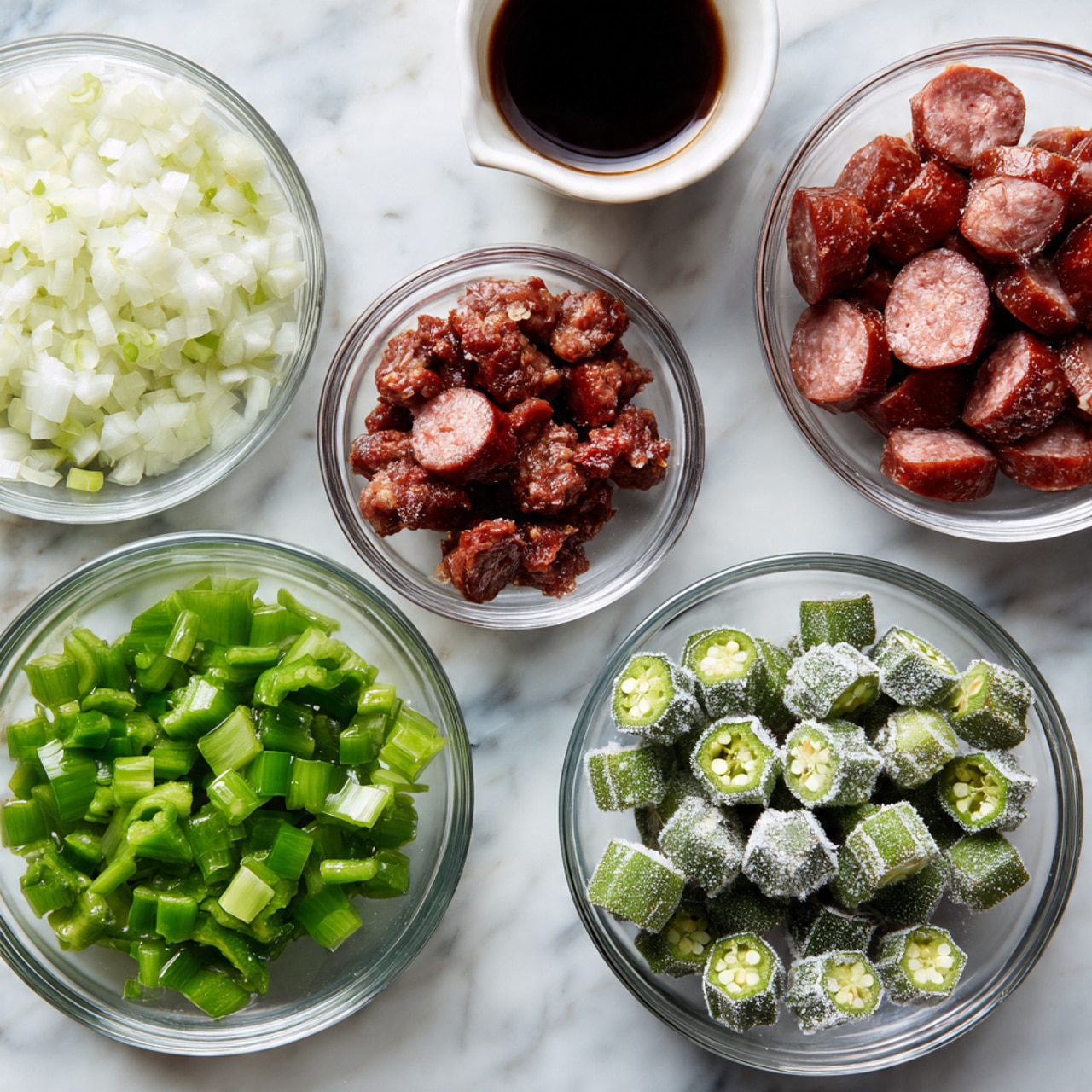 Six clear glass bowls are arranged on a white marbled surface, each holding a different ingredient. At the top left is a bowl filled with finely chopped white onions, next to it on the right is a white ramekin with a dark liquid, and beside that is a bowl of sliced reddish-brown sausage pieces. Below these, on the left is a bowl of bright green chopped celery, and to the right is a bowl of diced green bell peppers. At the bottom, two bowls both contain frozen sliced okra, showing frosty texture and green color. The items form three rows and two columns. Photo taken with an iphone --ar 4:5 --v 7