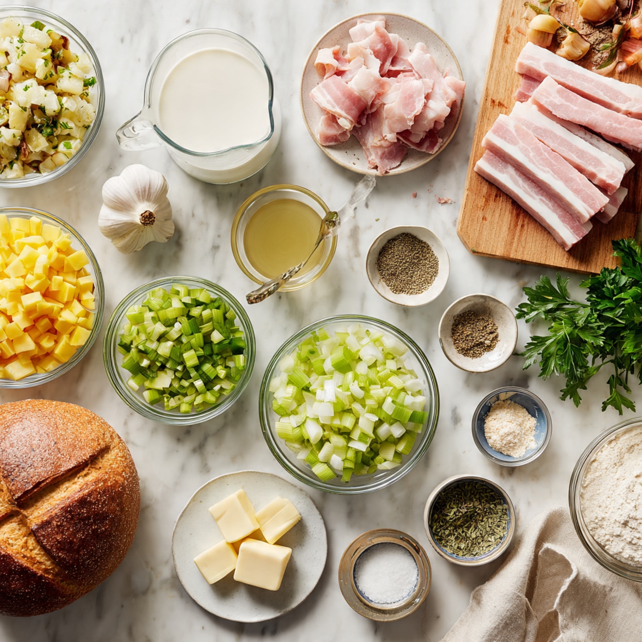 The image shows many small clear glass bowls on a white marbled surface, each filled with different chopped ingredients: yellow diced potatoes, green celery, white onions, and pale green leeks. There is a wooden board with several slices of pink bacon and a bunch of green parsley. Nearby are two garlic cloves, a small white dish with two pieces of butter, and a clear measuring cup filled with light yellow broth. A round loaf of bread with a cross on top sits beside a clear pitcher of white milk. There are also small glass bowls with seasonings like dried herbs, salt, and pepper along with a small bowl of white flour and an opened can of pinkish canned chicken. A light beige cloth is partly visible on the right side. Photo taken with an iphone --ar 4:5 --v 7