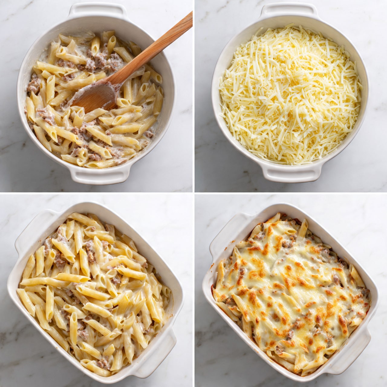 The image shows four steps of a pasta bake in white dishes on a white marbled surface. In the first step, cooked penne pasta mixed with a creamy sauce and bits of meat are stirred with a wooden spoon inside a white bowl. In the second step, this pasta mixture fills a white baking dish evenly, showing pale yellow textures with scattered bits of meat. The third step adds a thick layer of shredded cheese, pale yellow and spread fully over the pasta in the white dish. The last step shows the baked pasta with a golden-brown cheese crust on top, slightly bubbling with a few browned edges and melted smooth cheese covering the pasta underneath, all in the same white baking dish photo taken with an iphone --ar 4:5 --v 7
